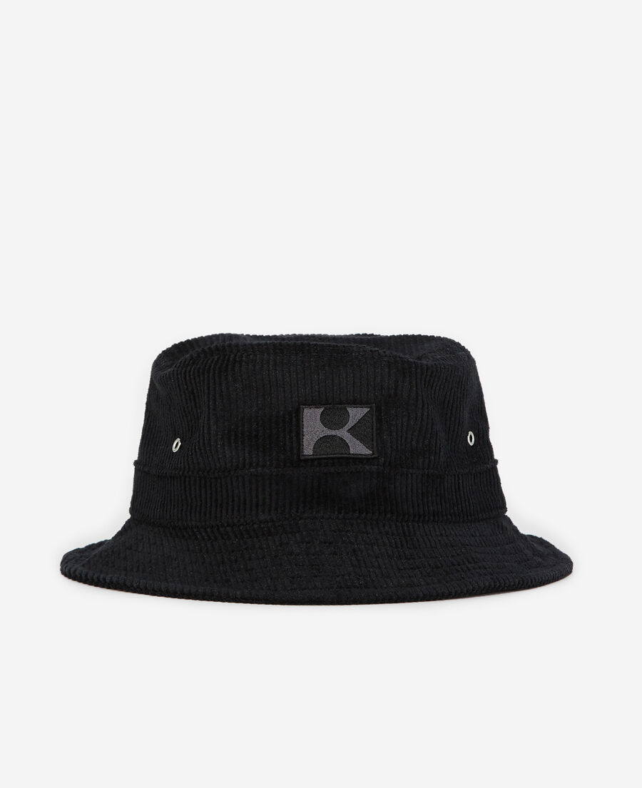 black corduroy bucket hat with embroidered k