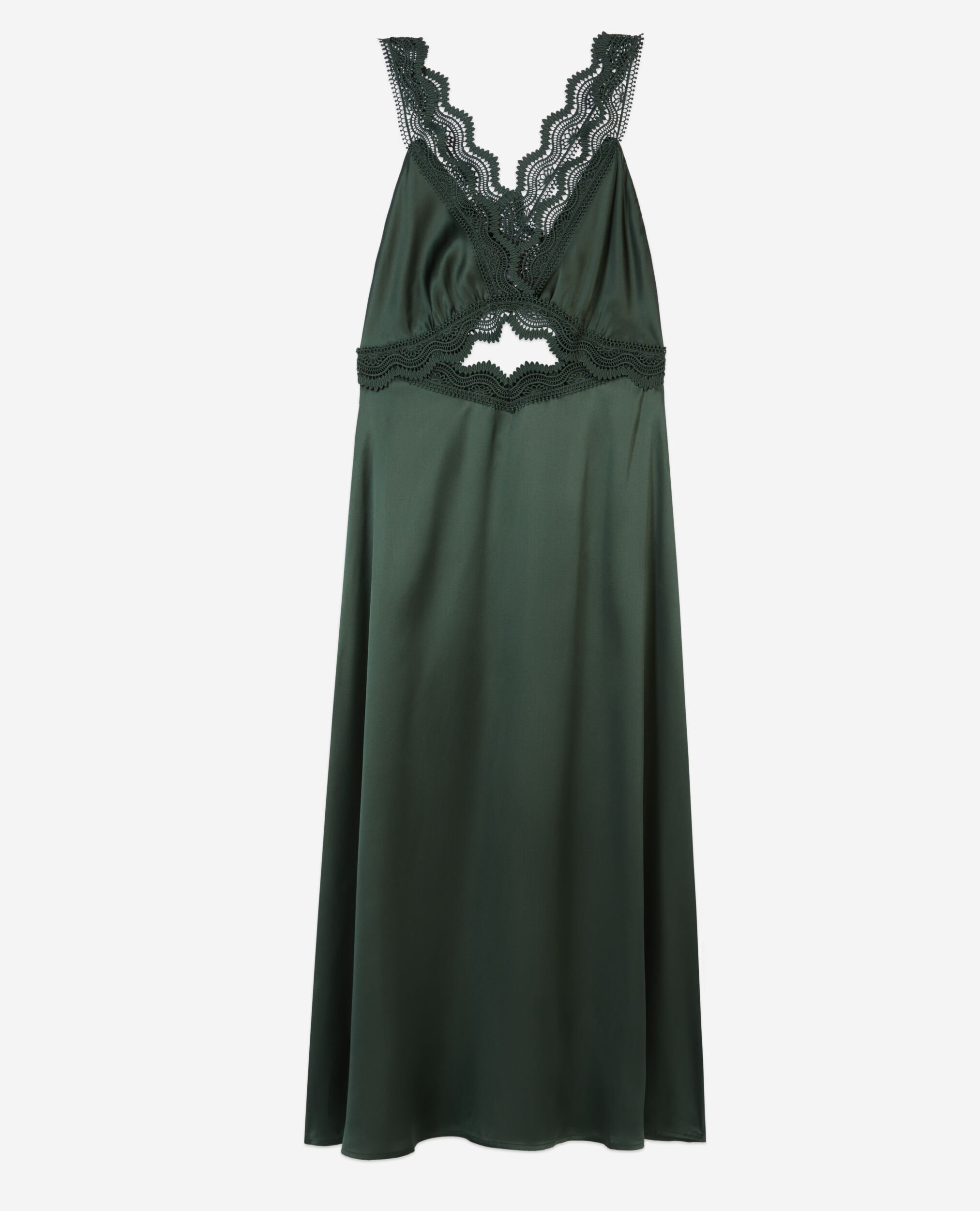 Long green slip dress with guipure, WOOD KAKI, hi-res image number null
