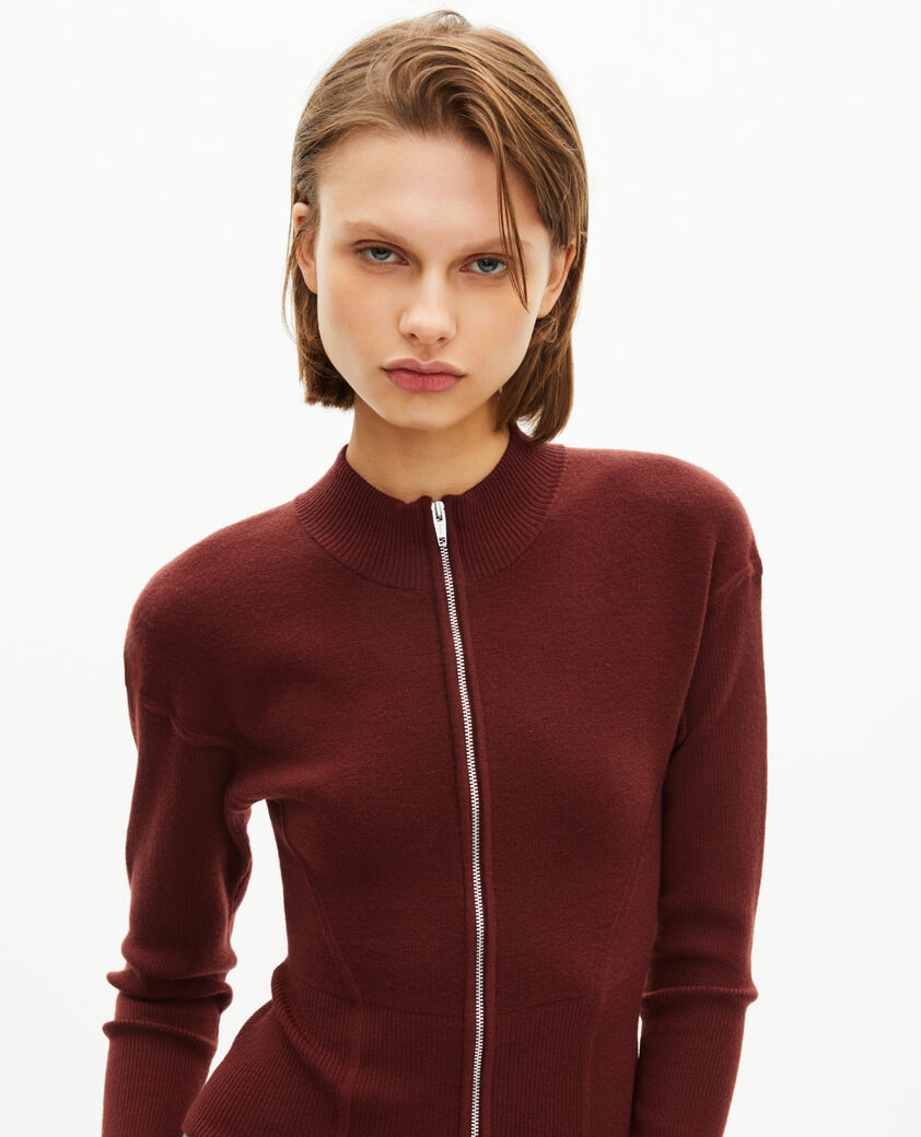 The Kooples FEMME RED BRIQUE cardigan &agrave; zip en laine m&eacute;lang&eacute;e bordeaux