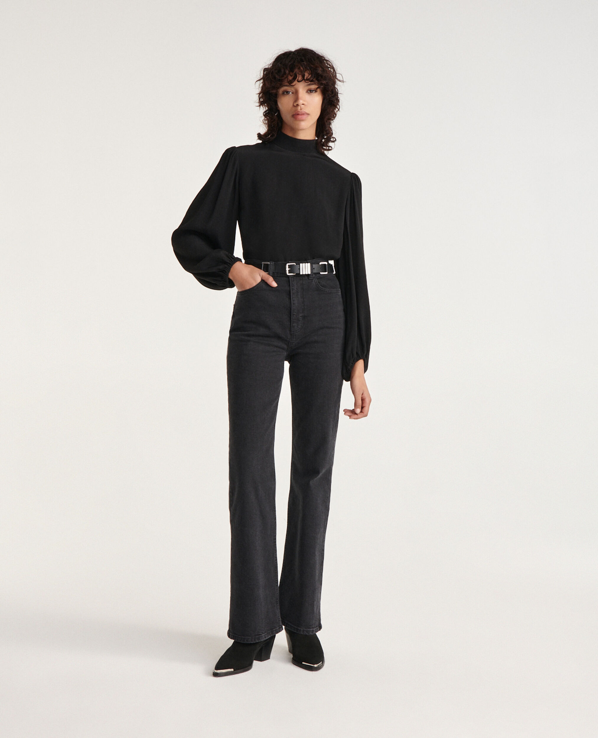 Flowing black top with high neck, BLACK, hi-res image number null