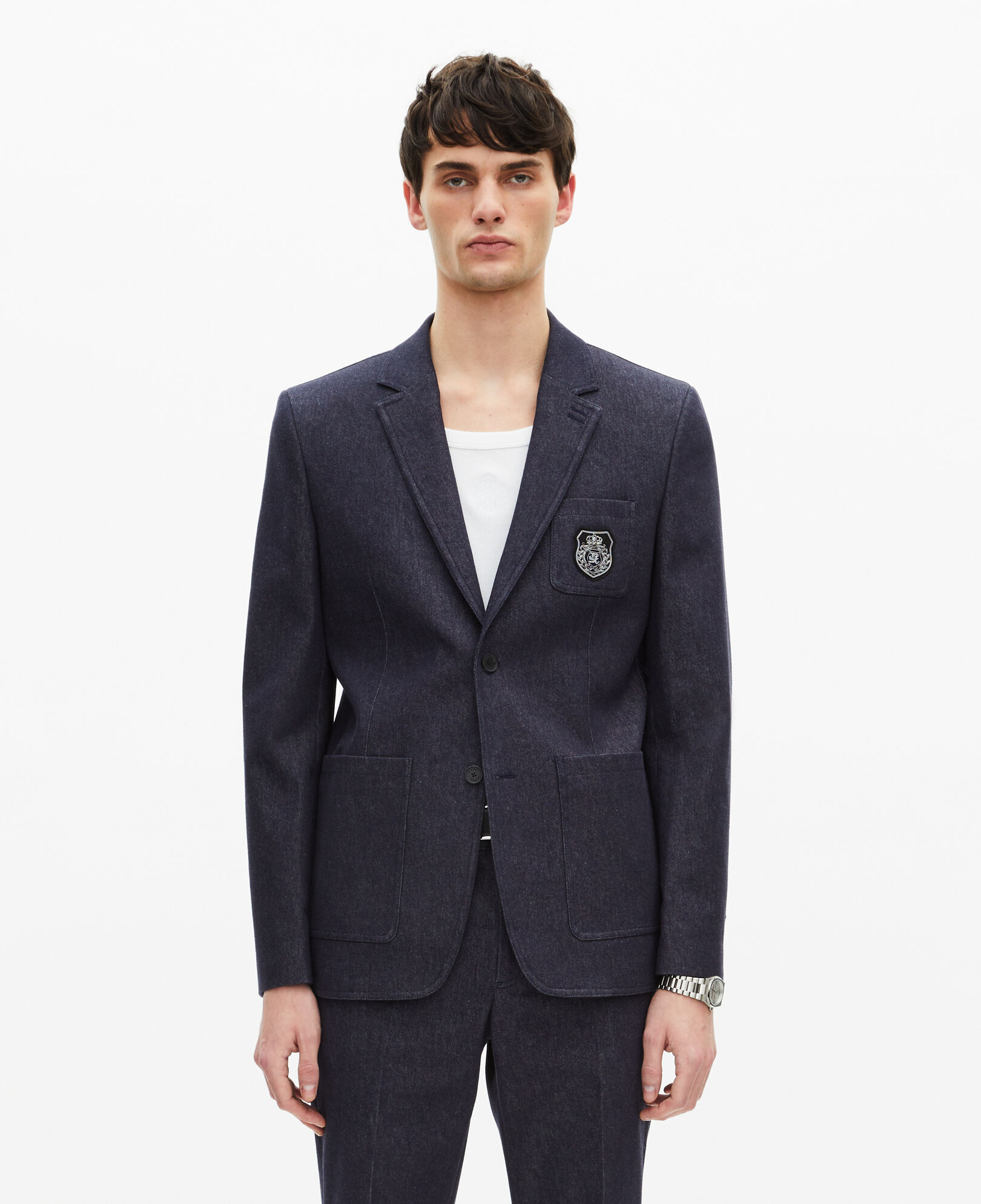 The Kooples MEN NAVY blue denim-effect suit jacket