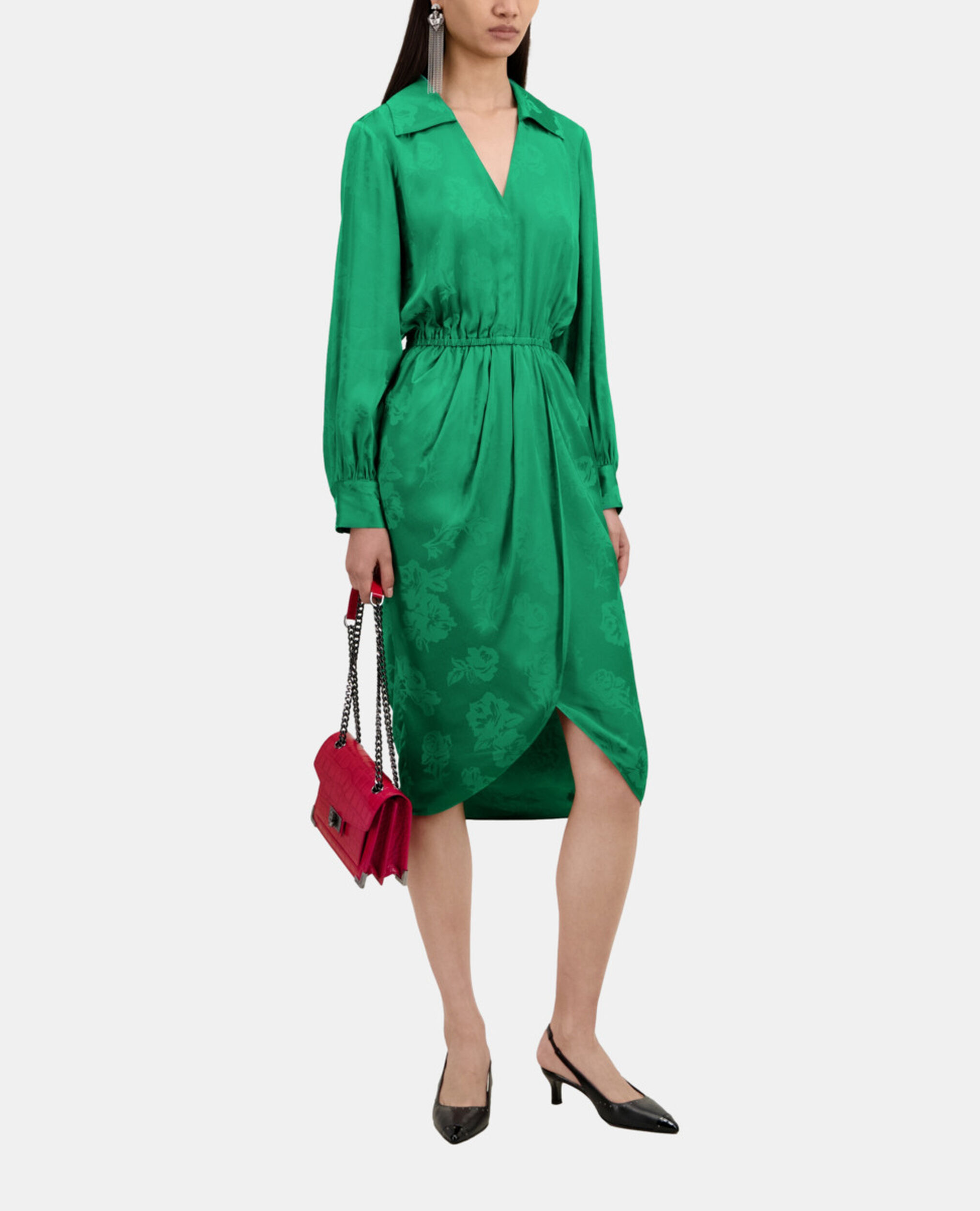 Halblanges grünes Kleid mit Blumenmotiv, GREEN, hi-res image number null