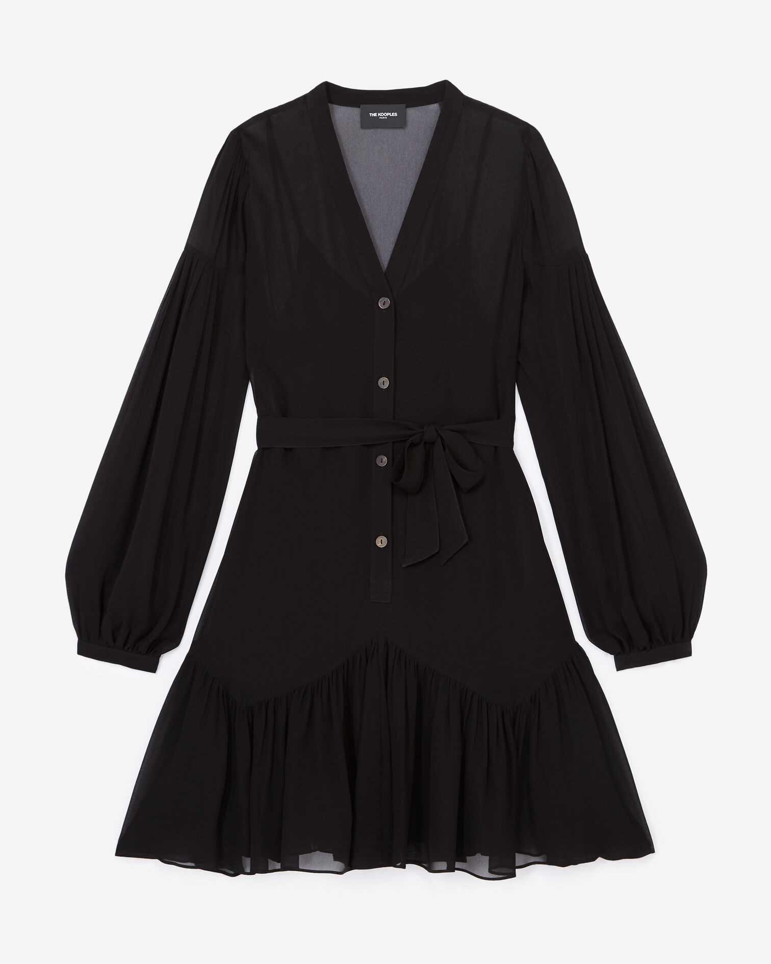 Kurzes schwarzes Kleid V-Ausschnitt Gürtel, BLACK, hi-res image number null