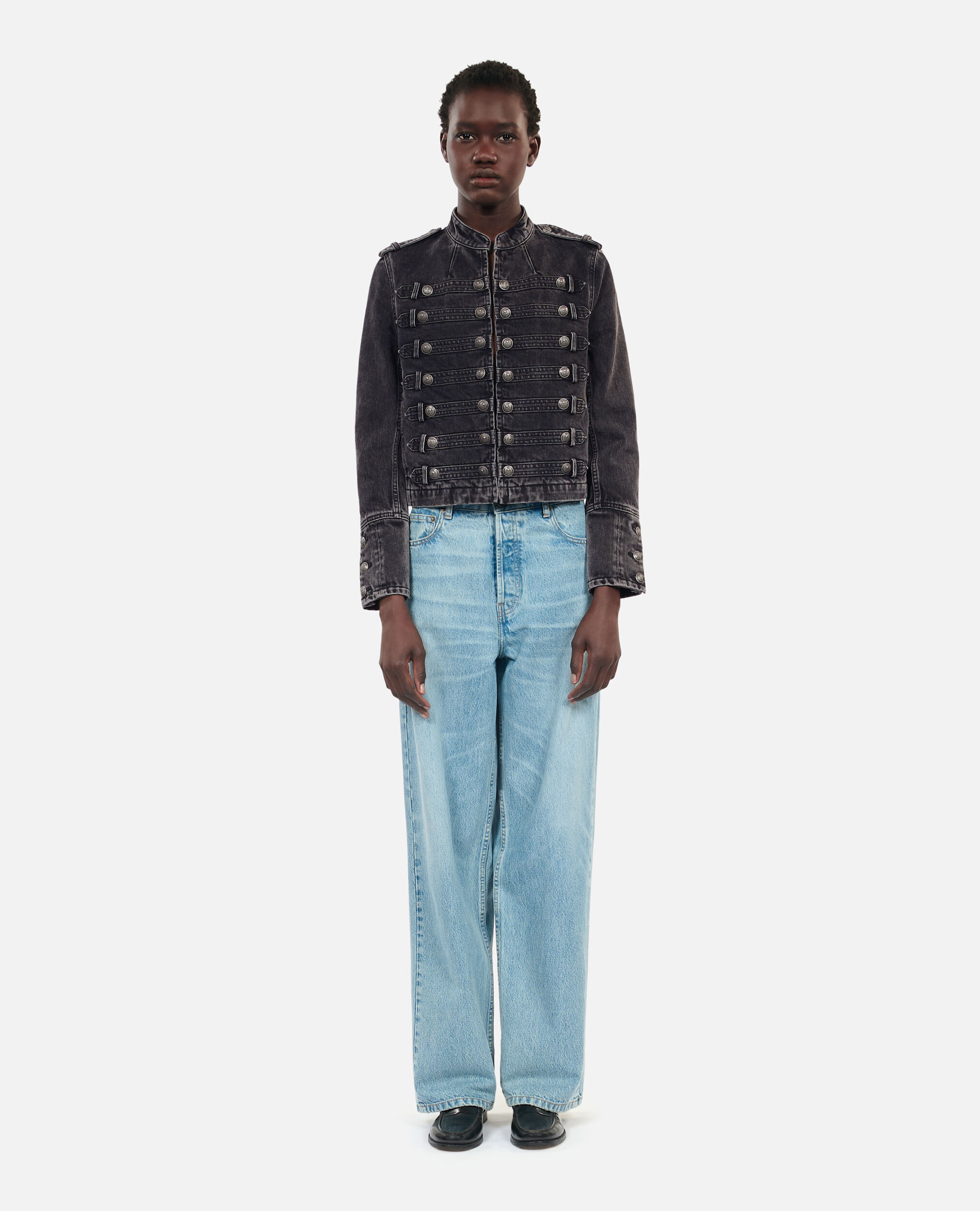 Graue Jeansjacke im Offiziersstil, BLACK WASHED, hi-res image number null