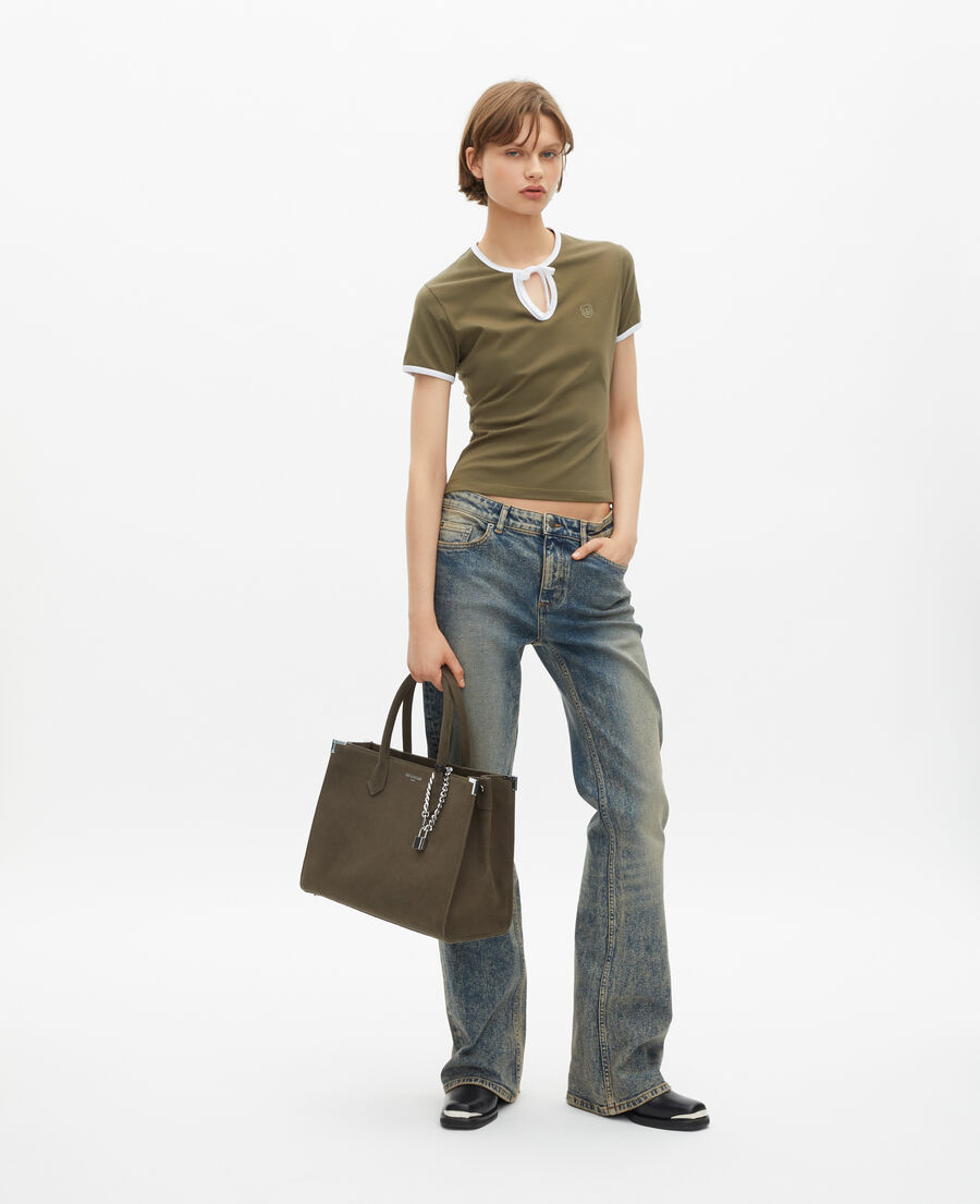 The Kooples DAMEN KAKI khaki t-shirt mit tropfenkragen