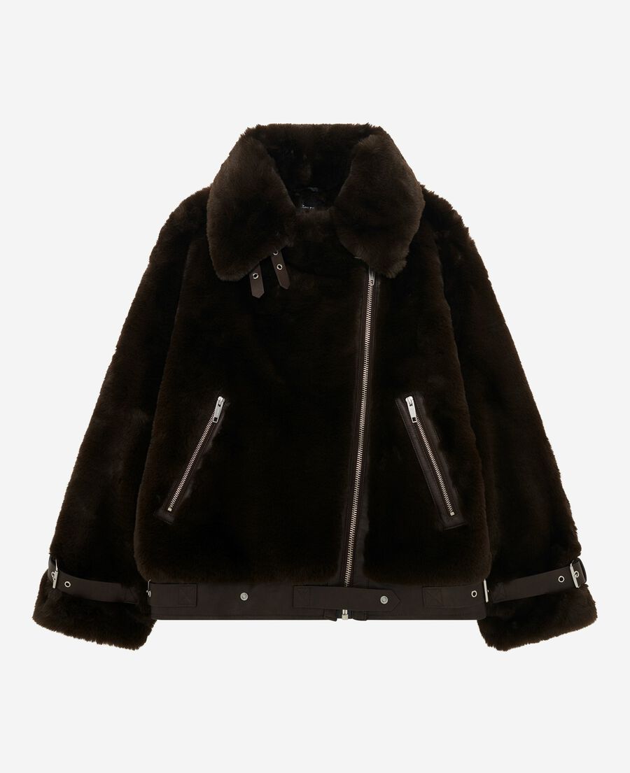The Kooples FEMME CHOCOLATE blouson aviateur effet fourrure marron