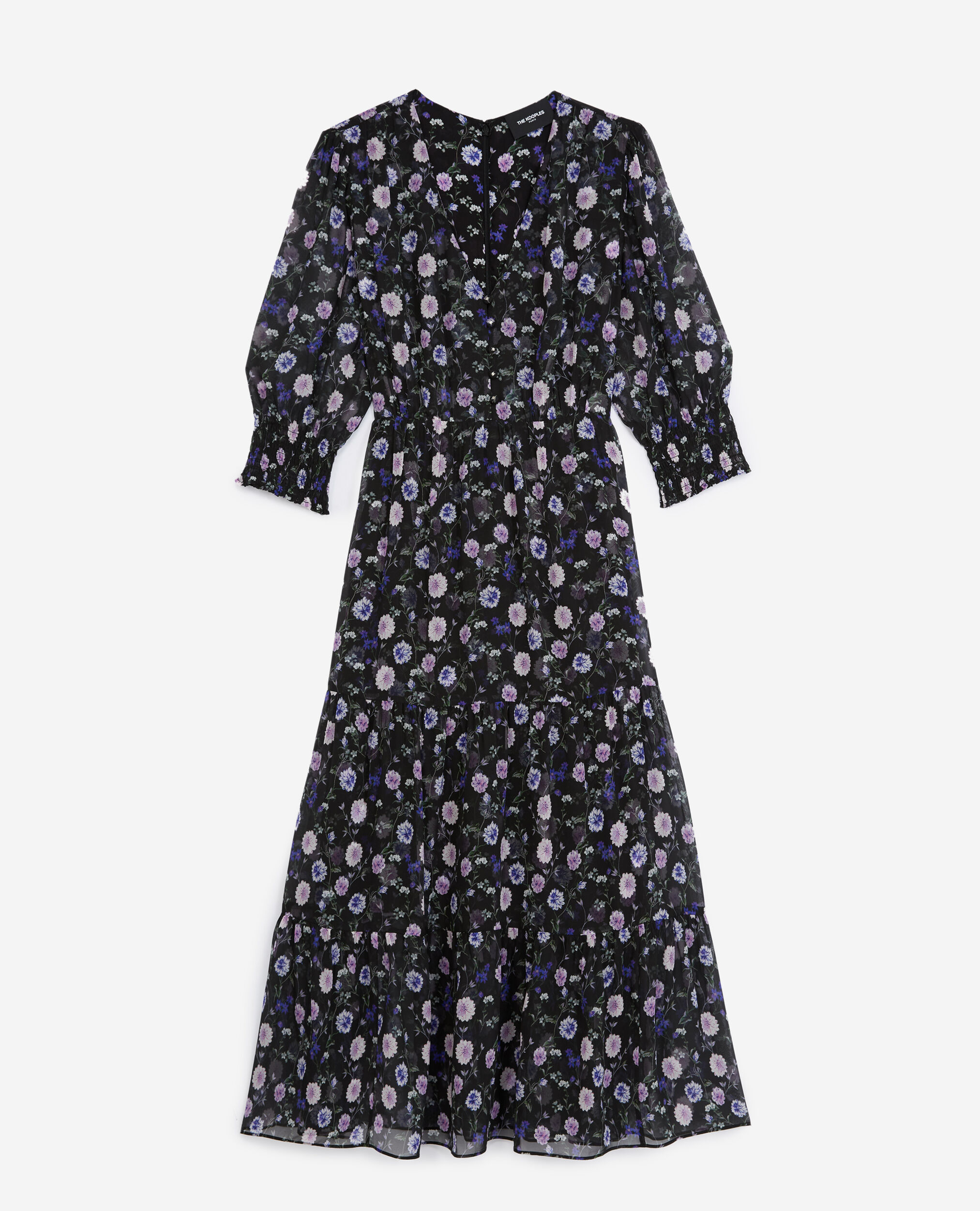 Buttoned printed midi dress with frills, BLACK-PURPLE, hi-res image number null