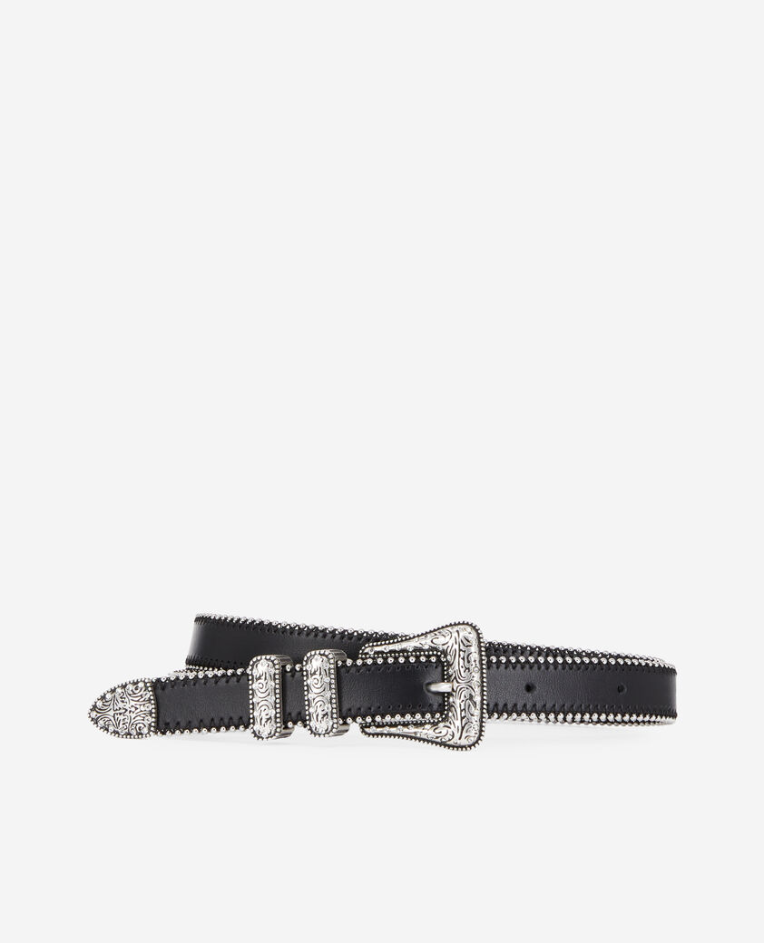 The Kooples WOMEN BLACK bead-edged black leather belt with rhinestone western buckle