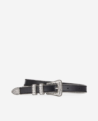 The Kooples WOMEN BLACK bead-edged black leather belt with rhinestone western buckle