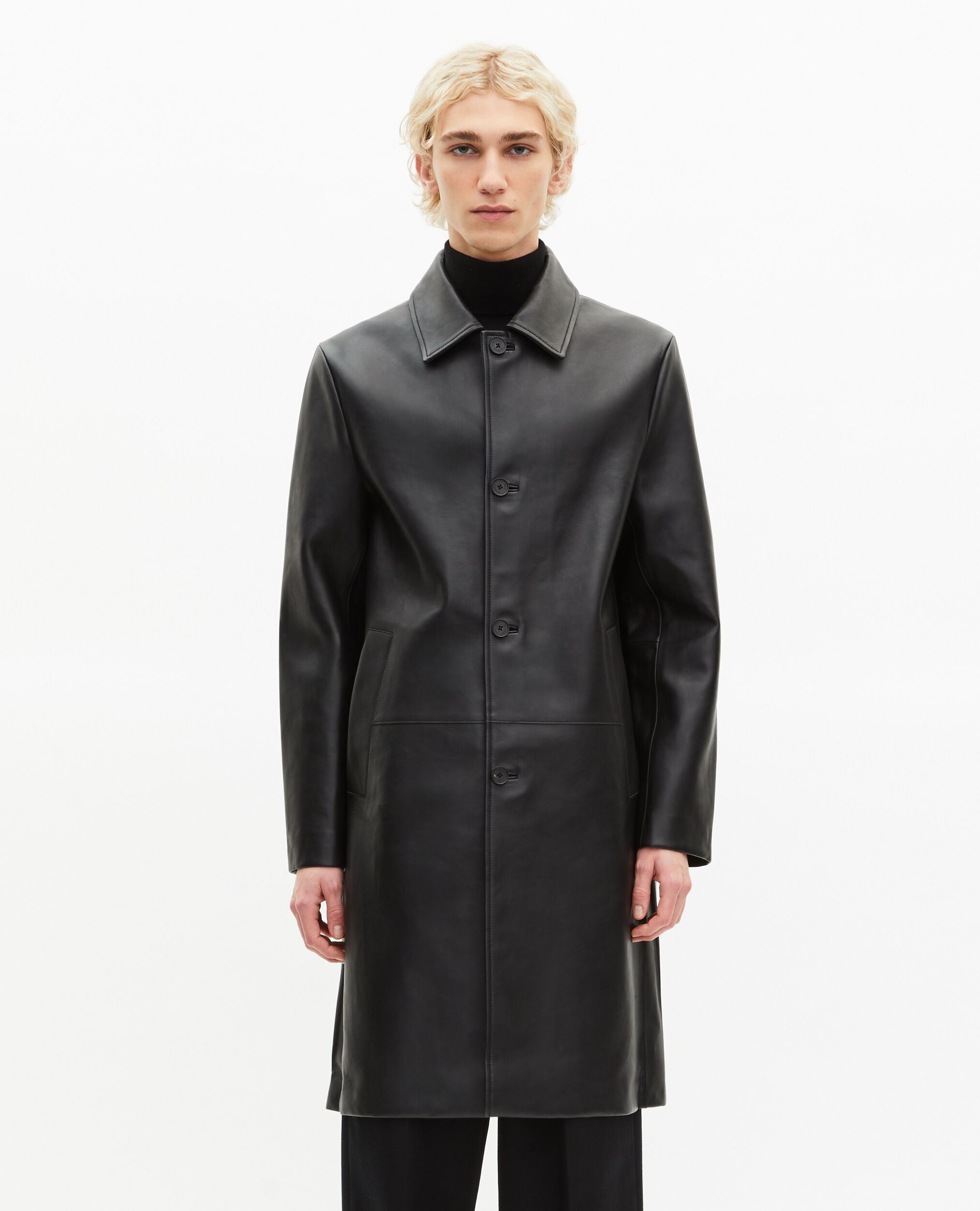 Black leather mid-length coat | The Kooples US