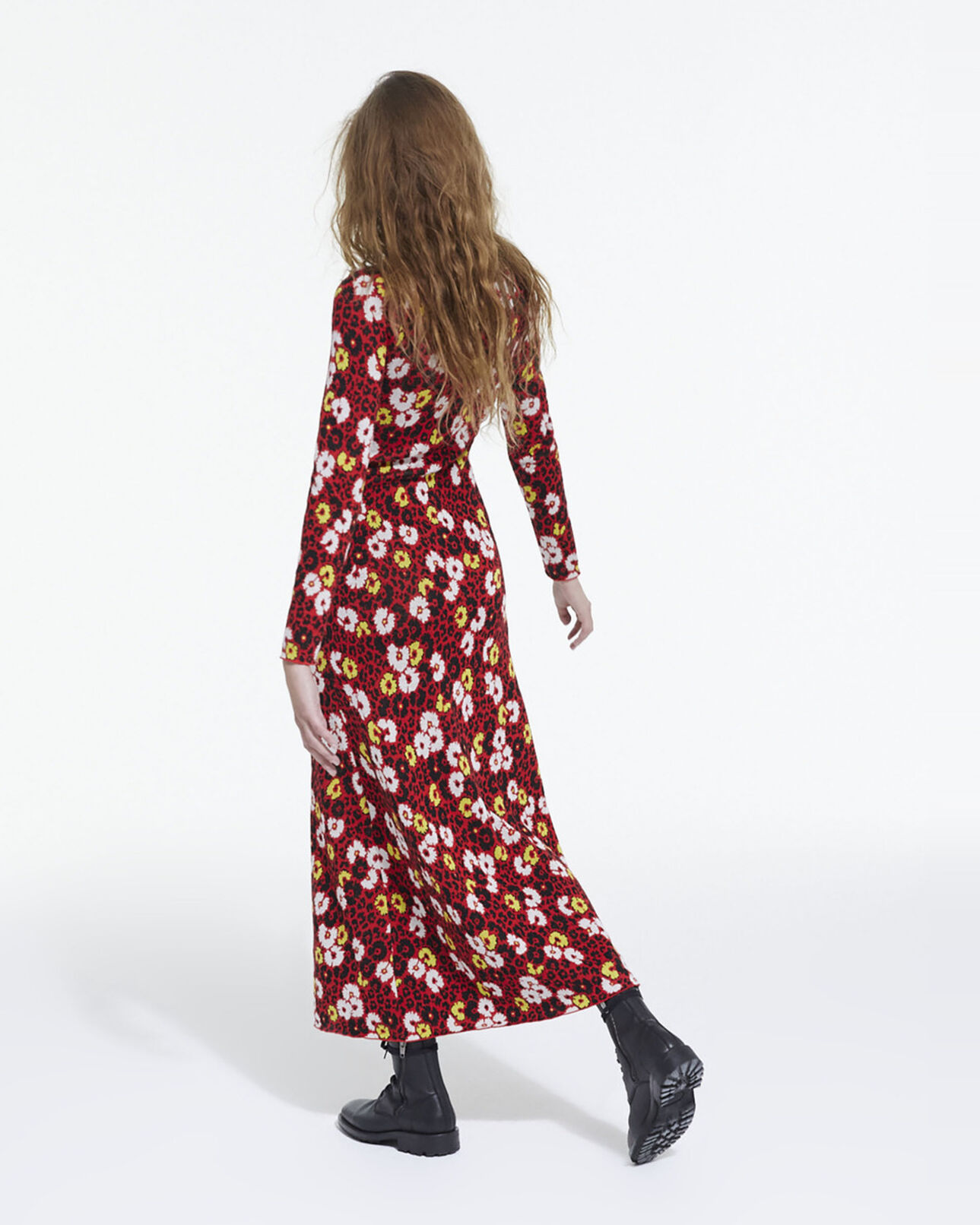 The Kooples WOMEN DARK RED long wool dress with floral print