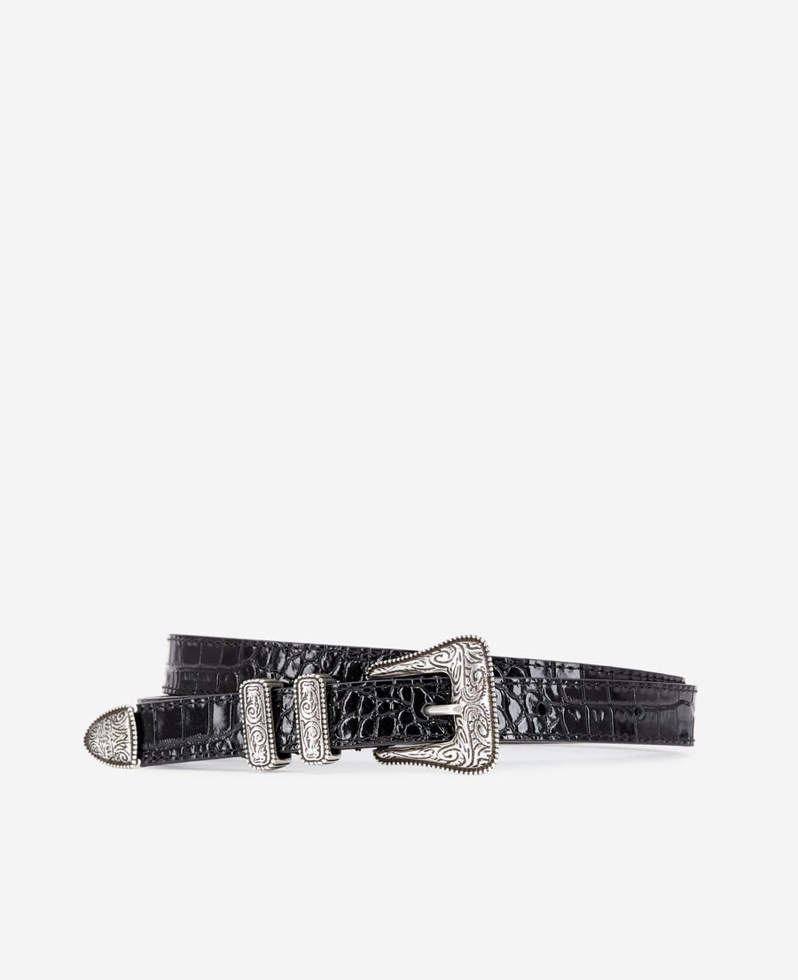 The Kooples F BLACK black crocodile effect leather belt with western buckle