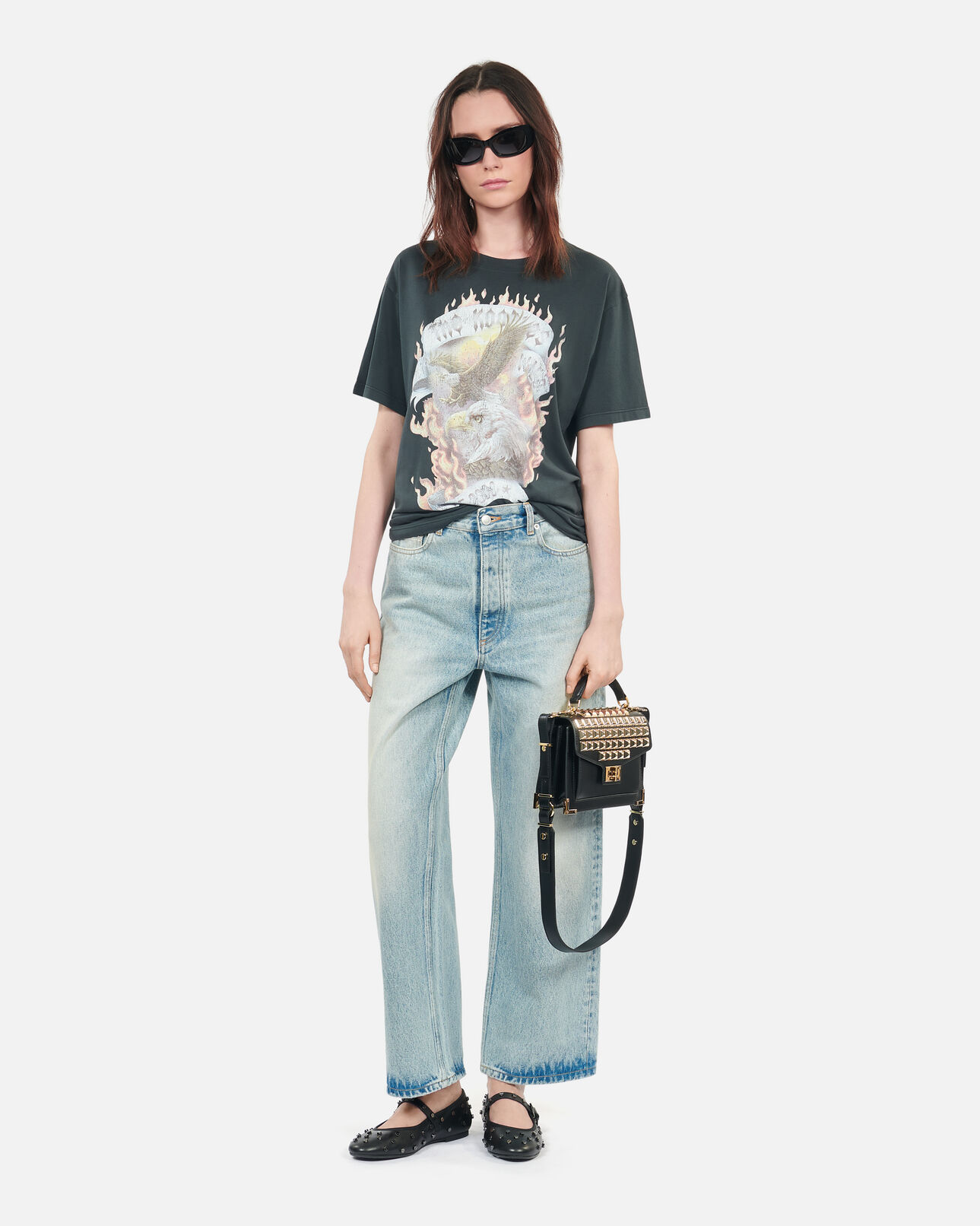 The Kooples WOMEN BLACK WASHED black eagles on fire serigraphy t-shirt