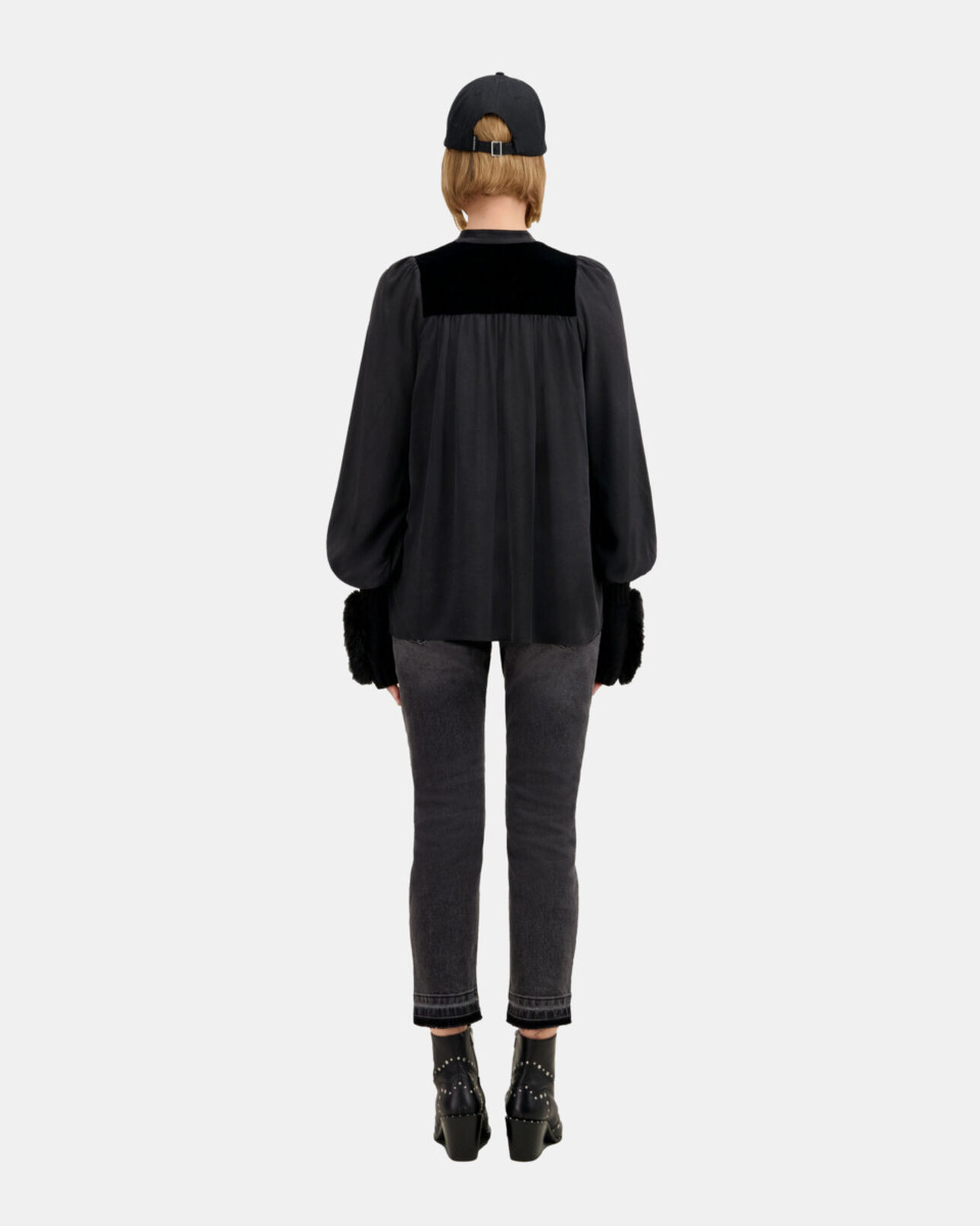 The Kooples WOMEN BLACK black silk top with velvet details