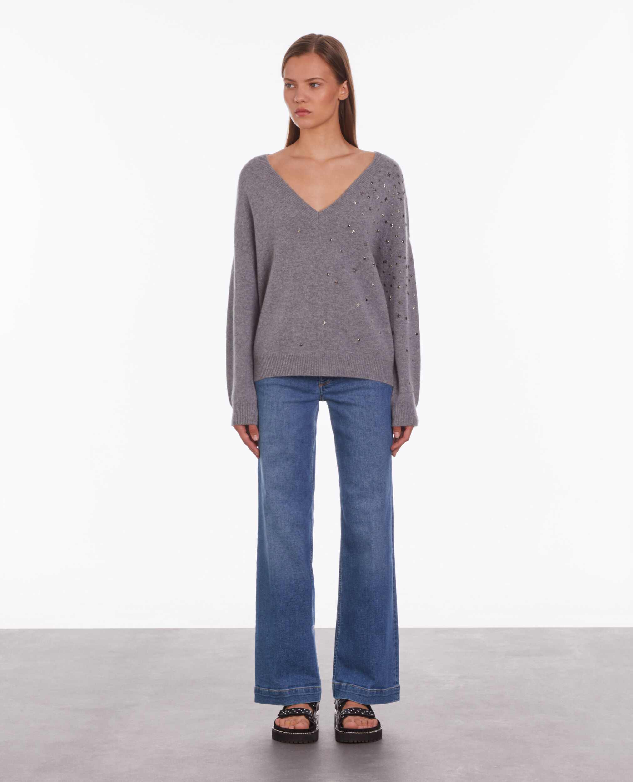 Grey sweater in cashmere-blend with stars, MIDDLE GREY MEL, hi-res image number null