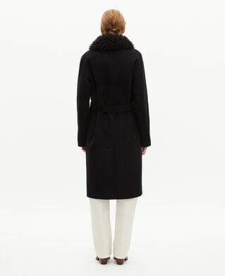 The Kooples DAMEN BLACK langer doppelseitiger wollmantel mit schwarzem sherpa-kragen