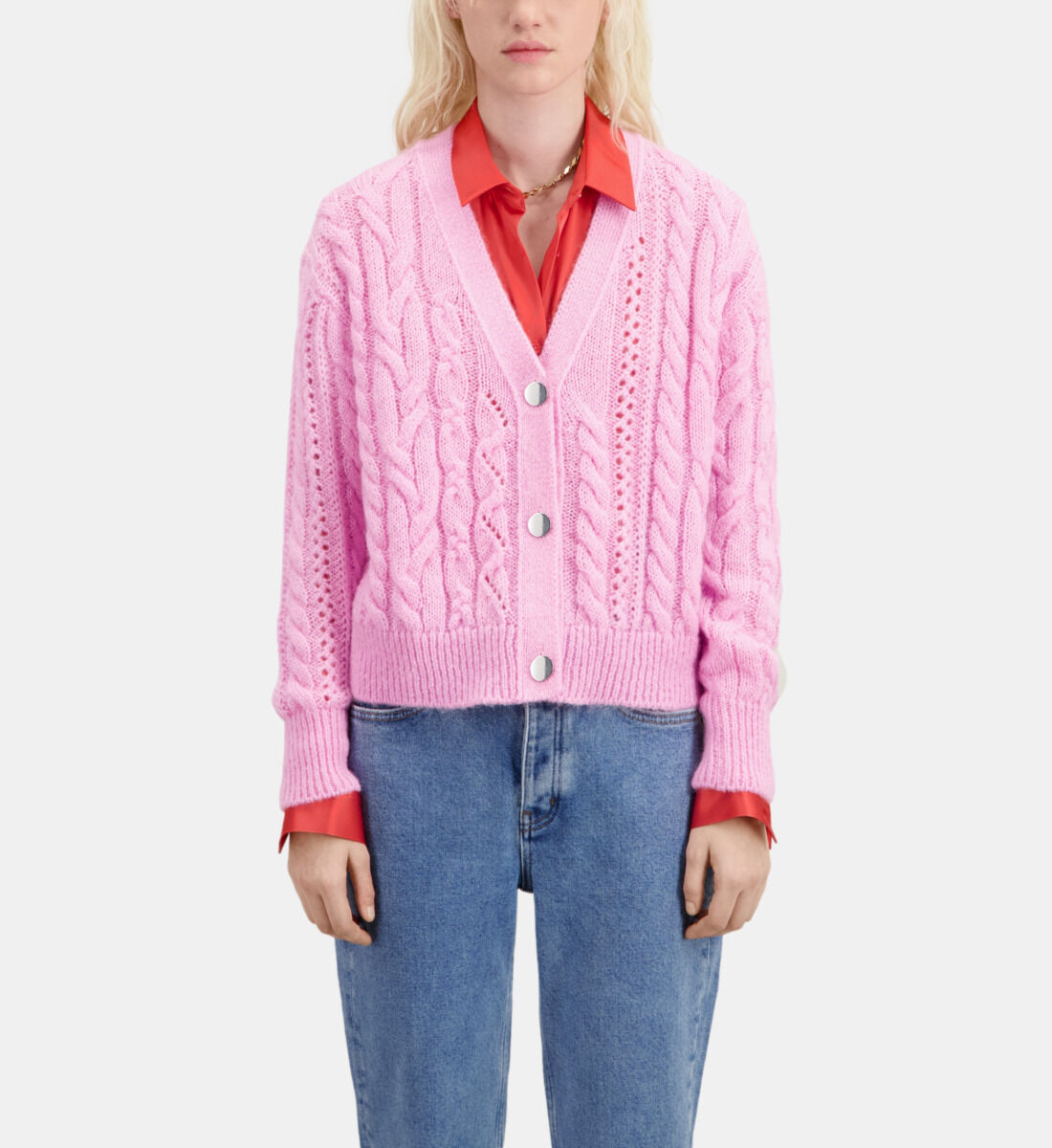 流行り の ブランド - 2024年おすすめのアイテム満載 Pink cardigan wool-blend cable-knit トップス