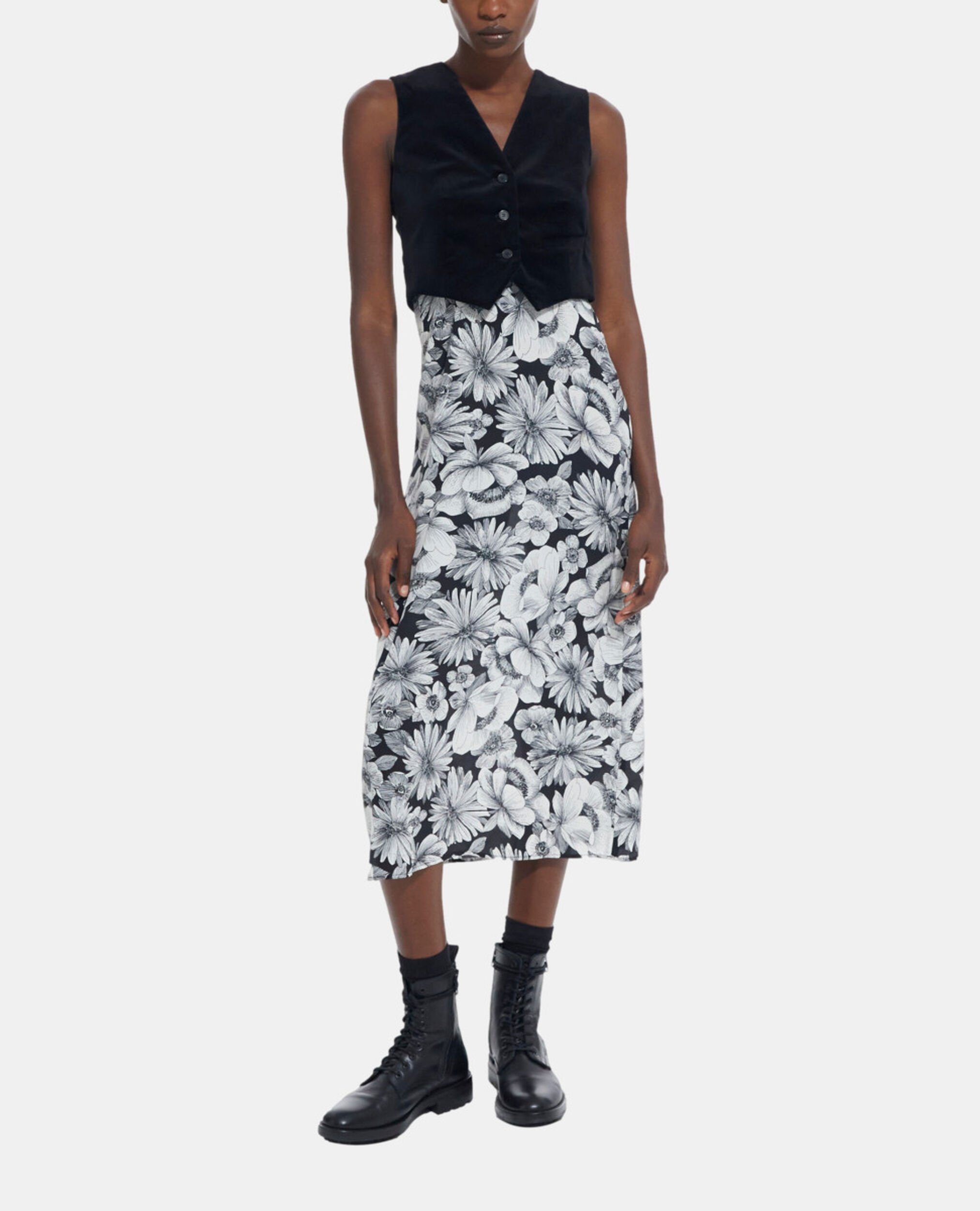 Langes Seidenkleid mit Blumenmotiv, BLACK WHITE, hi-res image number null
