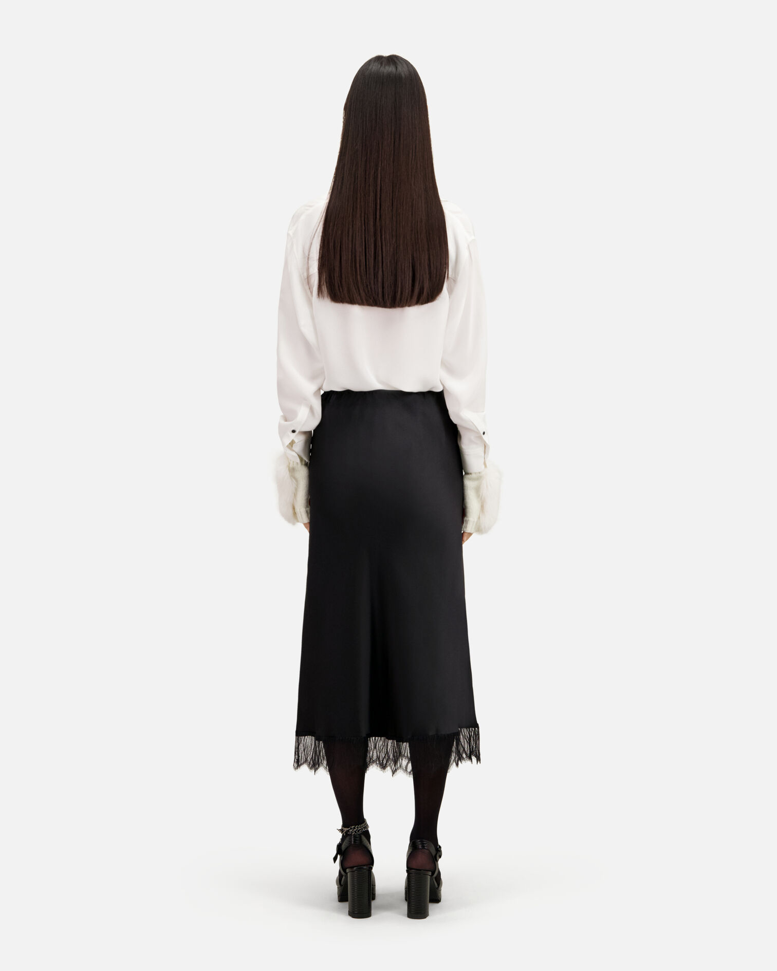 Jupe longue avec détails en dentelle noire, BLACK, hi-res image number null