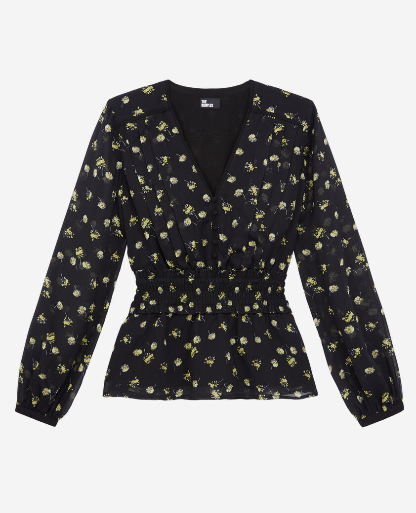The Kooples FEMME BLACK / YELLOW top imprimé avec smocks