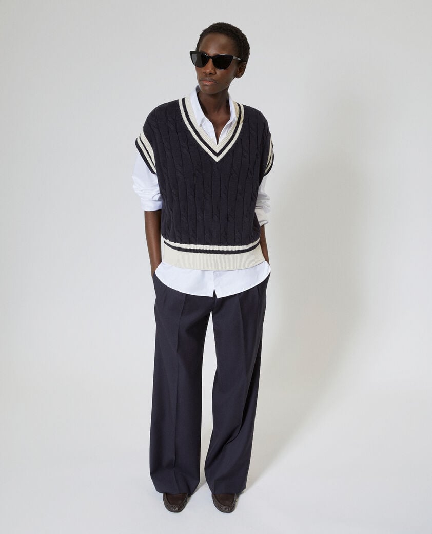 The Kooples FEMME NAVY ECRU pull sans manches en coton marine