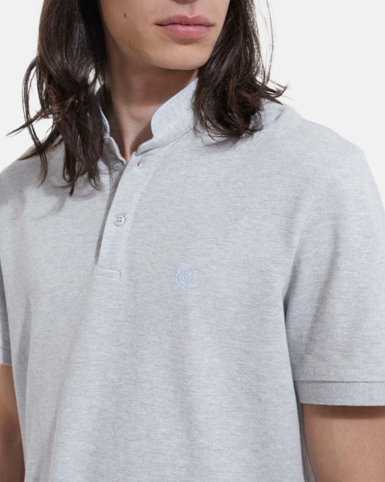 Polo gris clair coton col officier brodé, LIGHT GREY MELANGE / BLUE, hi-res image number null