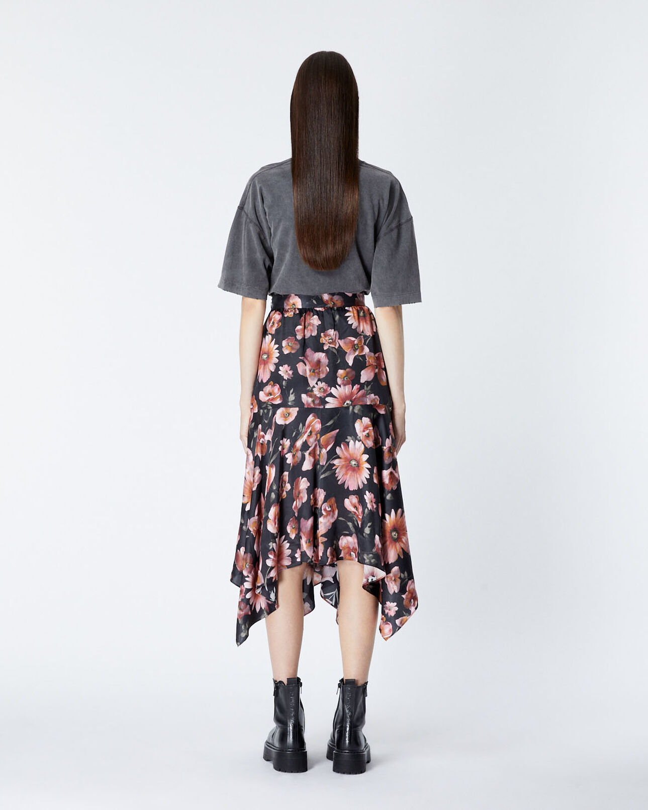 The Kooples WOMEN BLACK satin wrap skirt with floral print