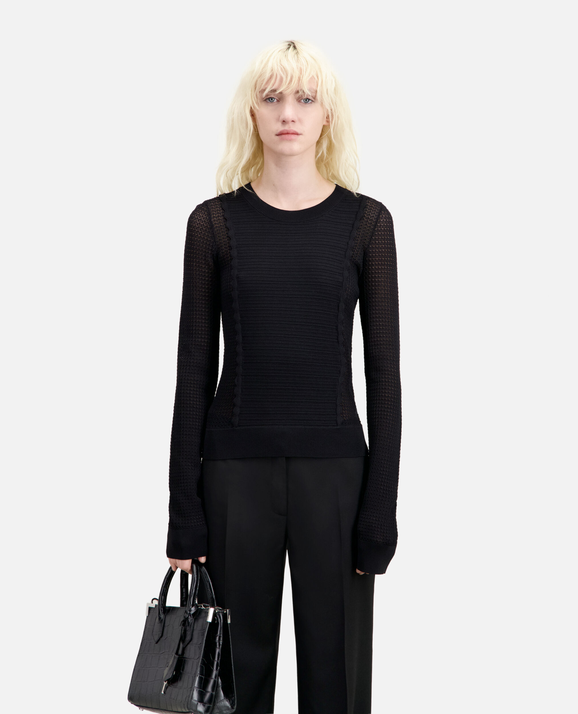 Black openwork mesh sweater, BLACK, hi-res image number null