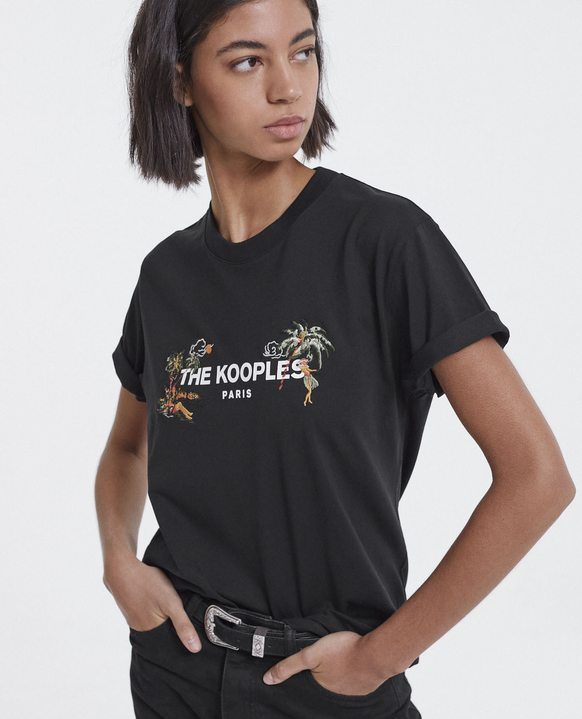 Embroidered black T-shirt with The Kooples logo, BLACK, hi-res image number null