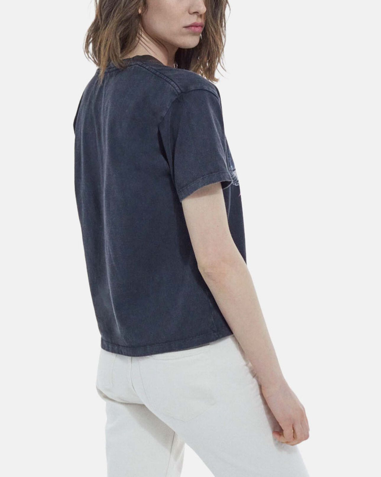 The Kooples FEMME BLACK WASHED t-shirt noir délavé coton imprimé aigle