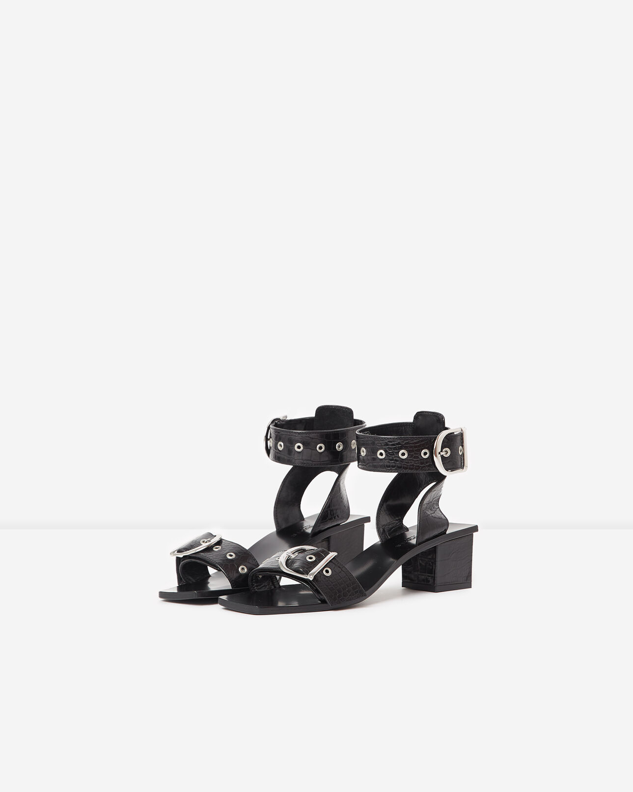 The Kooples WOMEN BLACK heeled black sandals in croc-effect leather
