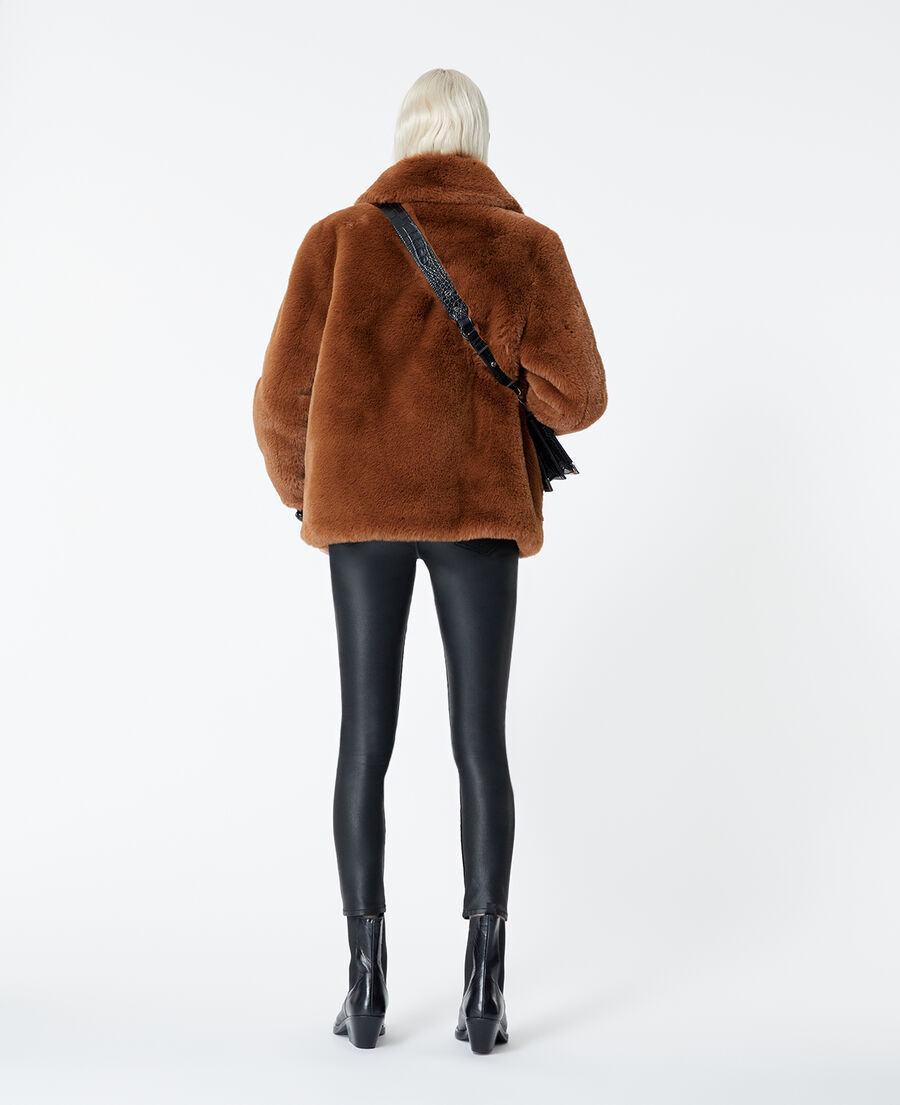 brown faux fur coat with leather details
