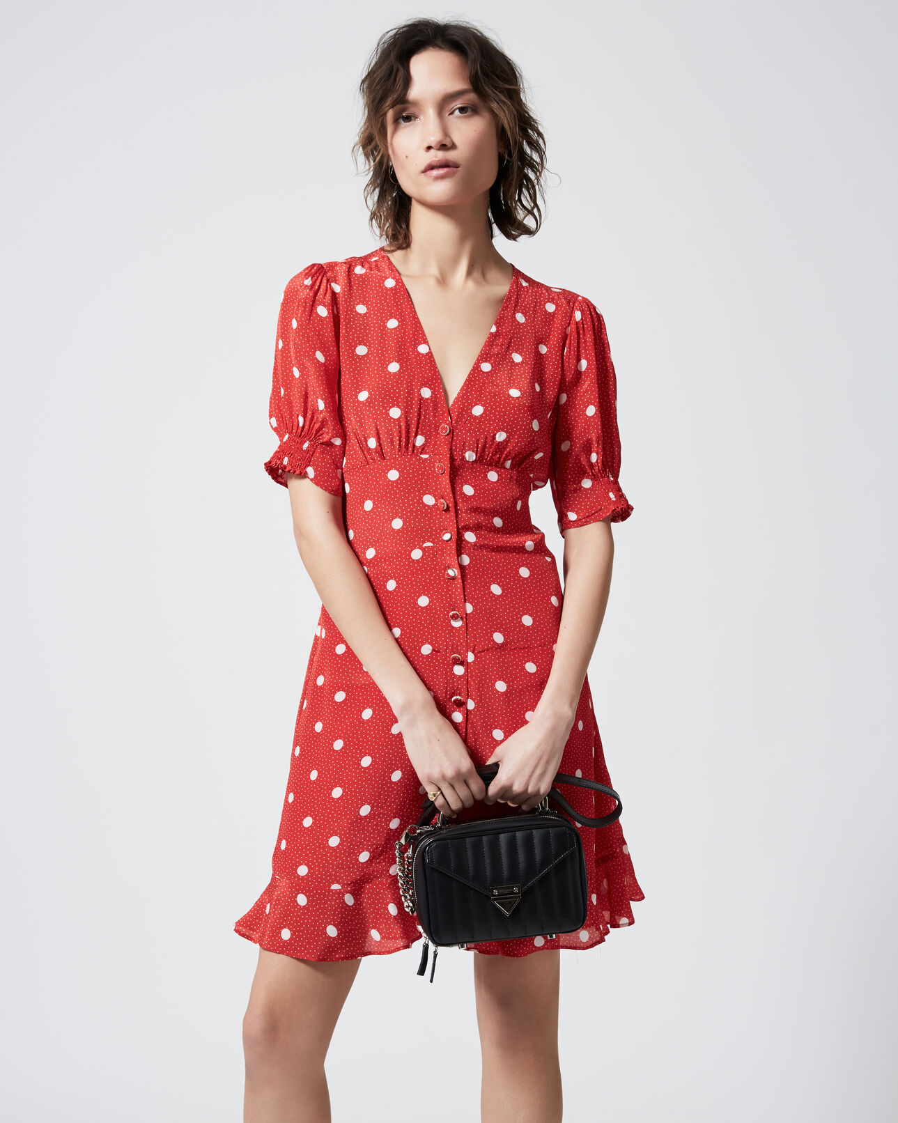 The Kooples FEMME RED / ECRU robe courte imprimée rouge à smocks