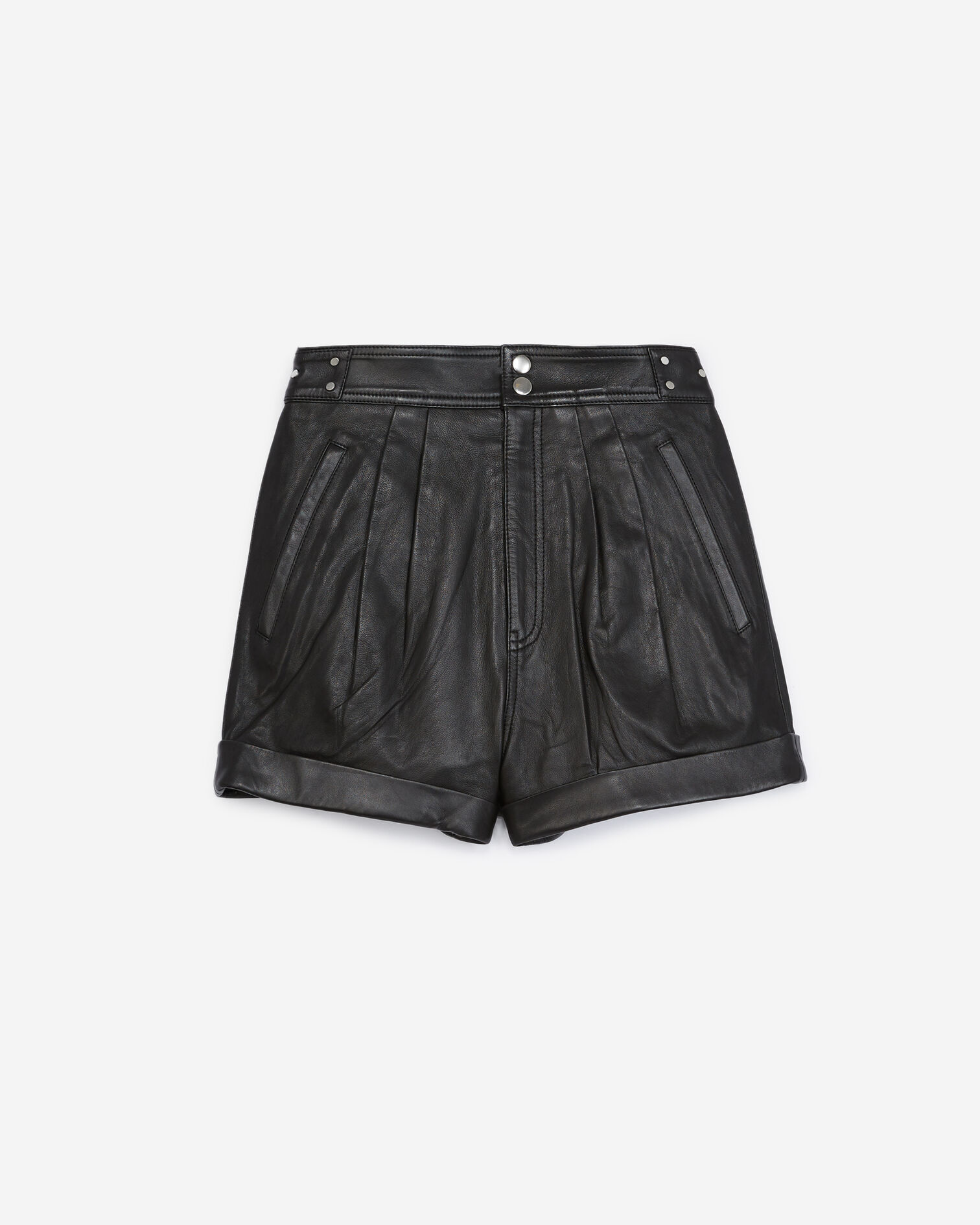 High-waisted black leather shorts with ties, BLACK, hi-res image number null