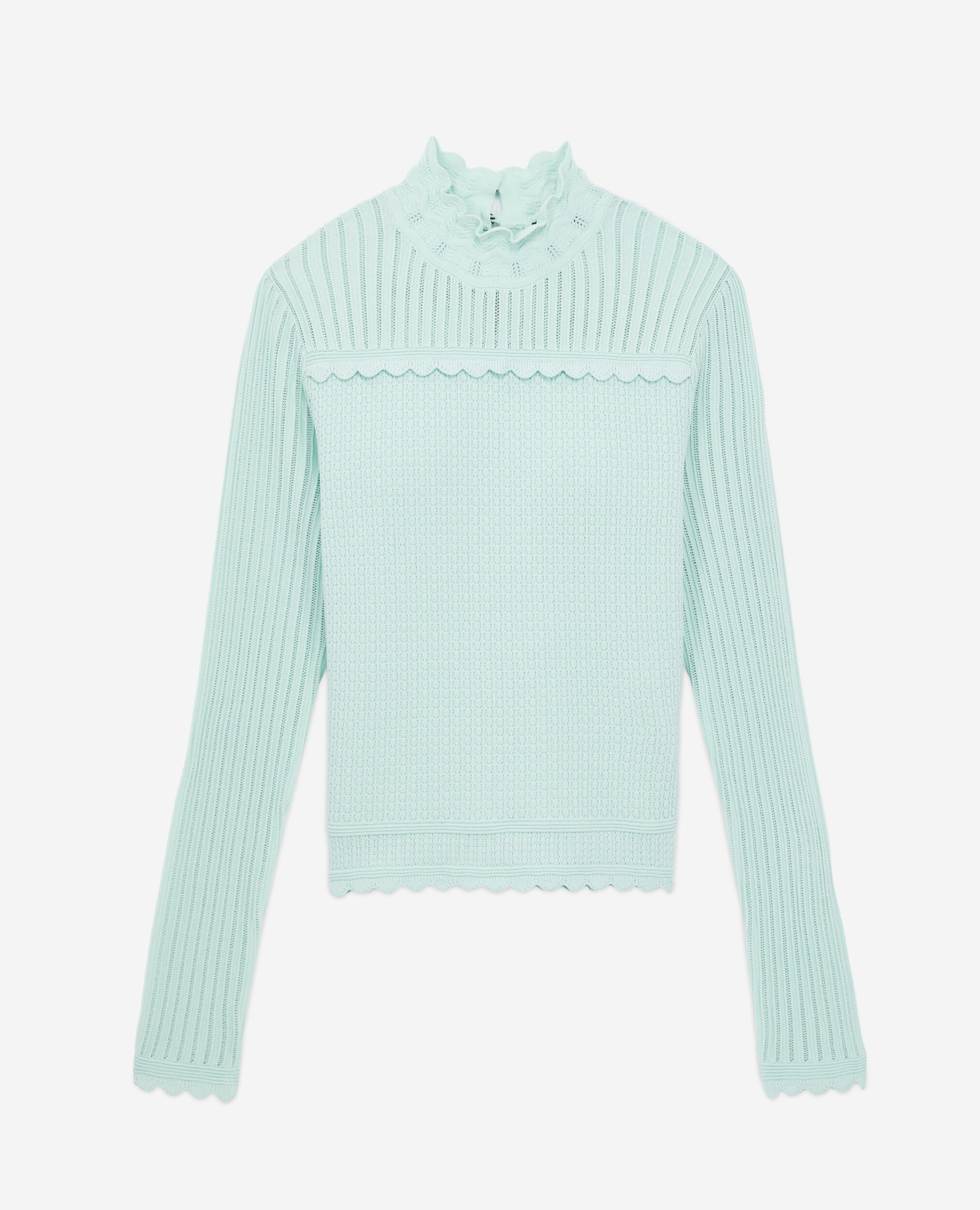 Cropped almond green sweater in openwork knit, OCEAN, hi-res image number null
