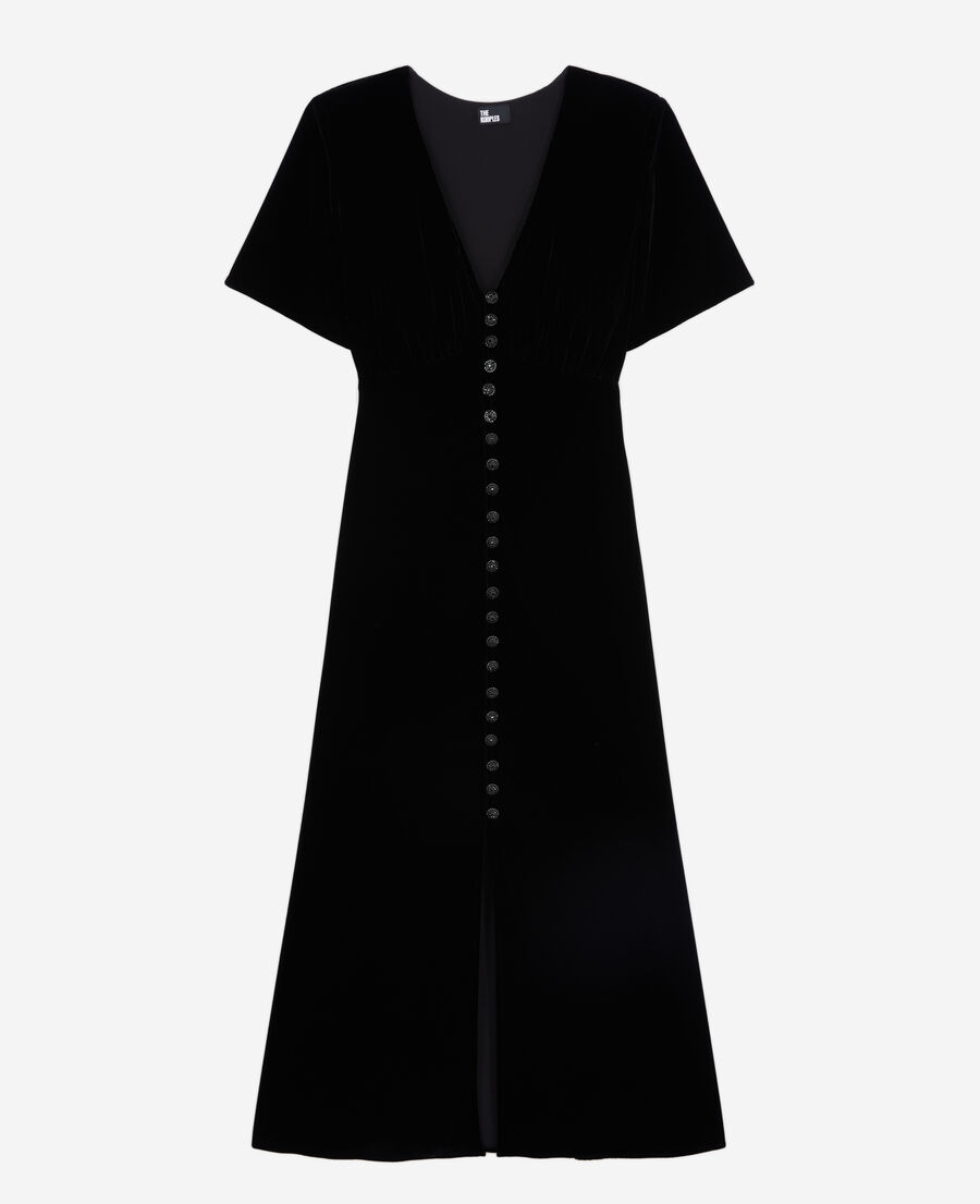 vestido largo negro terciopelo botonadura