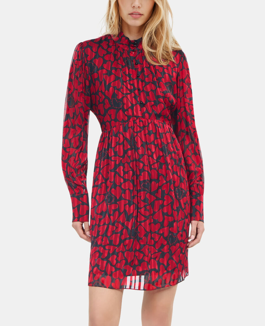 The Kooples FEMME BLACK - RED robe courte pliss&eacute;e imprim&eacute; c&oelig;urs
