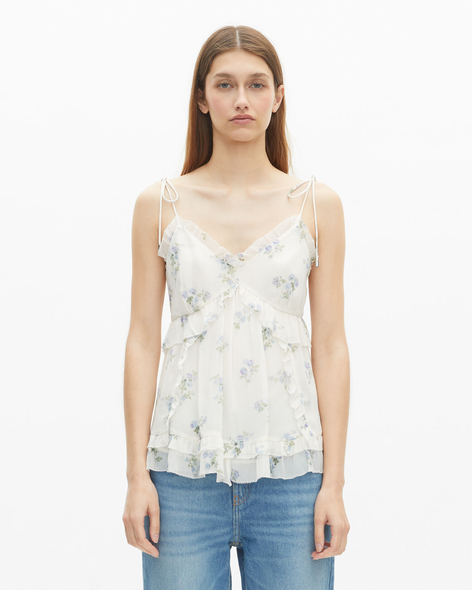 White floral ruffle top, WHITE / SKY BLUE, hi-res image number null