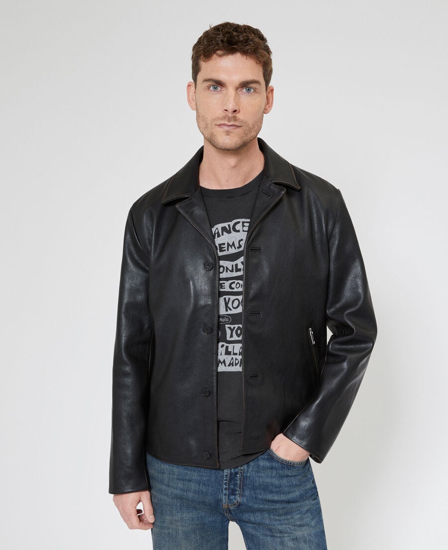 The Kooples MEN BLACK WASHED black leather jacket with tailored collar