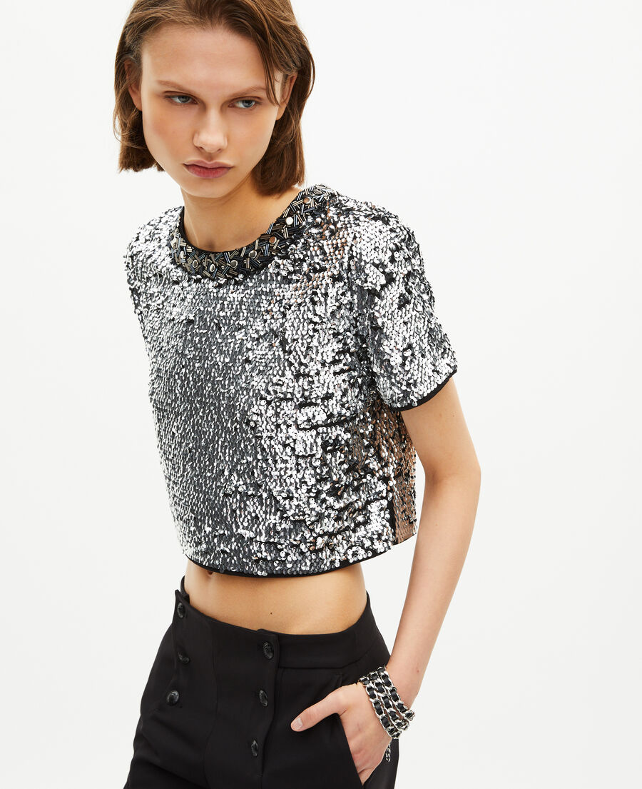 The Kooples WOMEN SILVER silver sequin crop top
