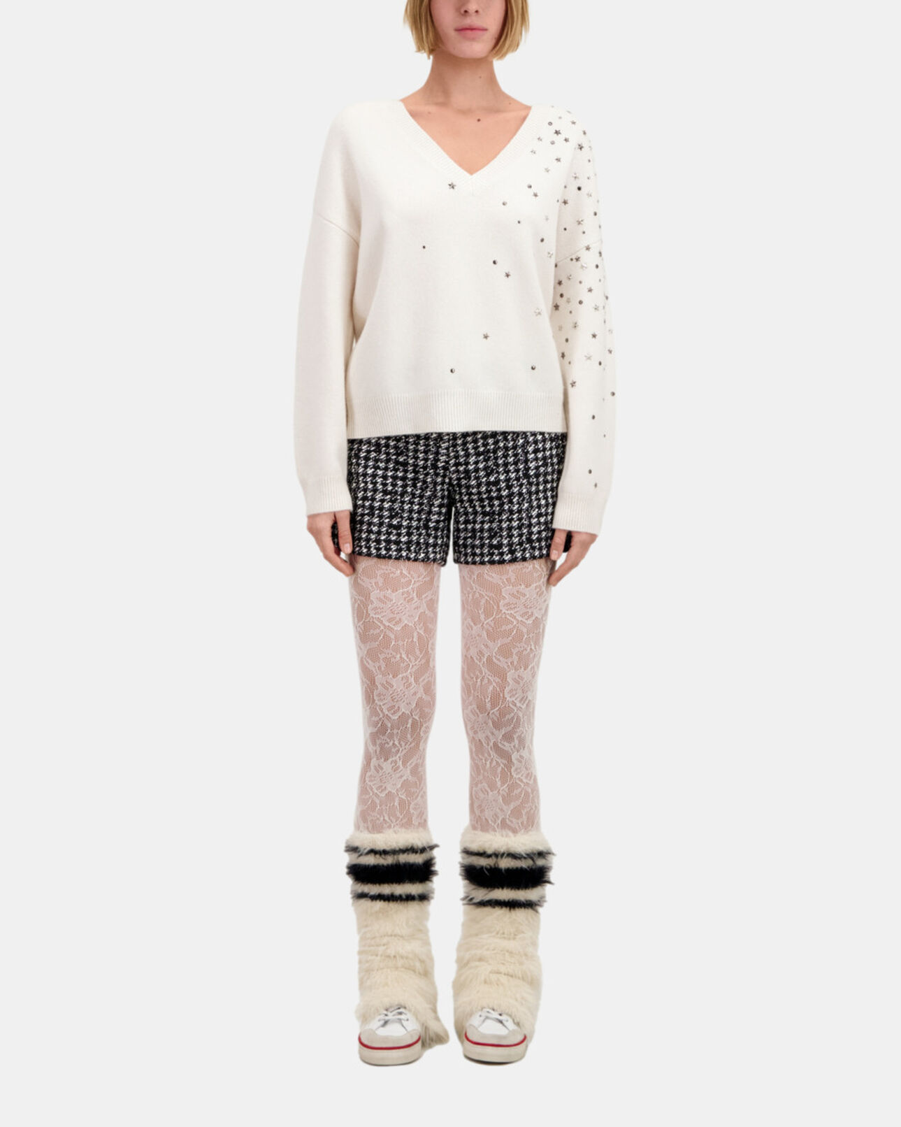 The Kooples DAMEN ECRU ecrufarbener pullover mit sternenmotiv