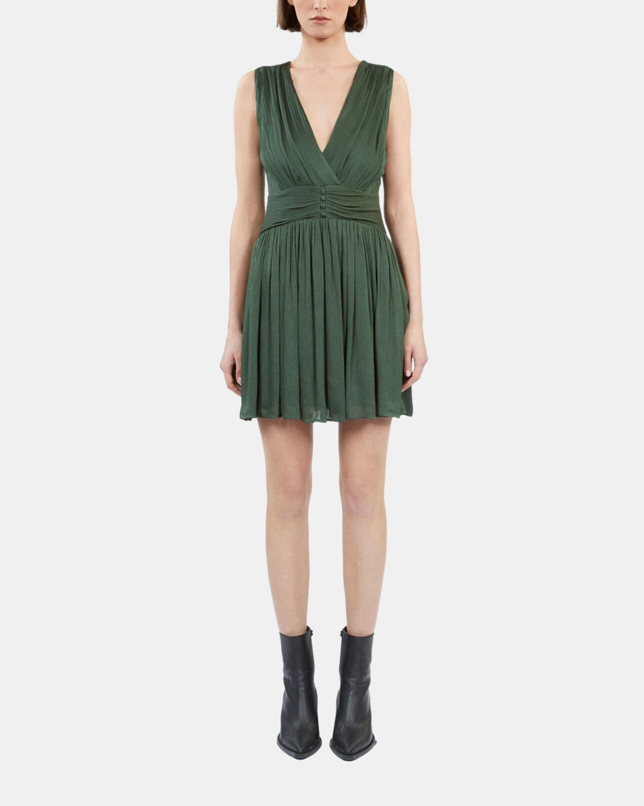 The Kooples WOMEN WOOD KAKI short green crinkle fabric dress