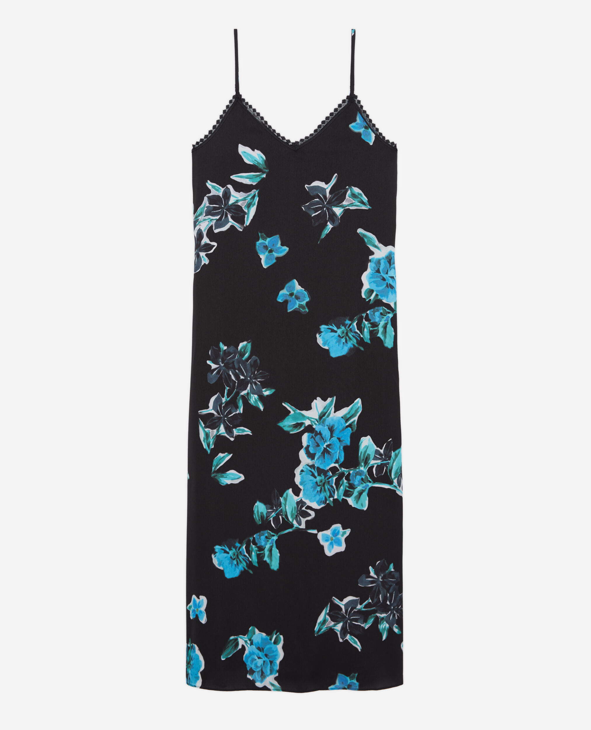 Long printed slip dress with lace details, BLACK BLUE, hi-res image number null