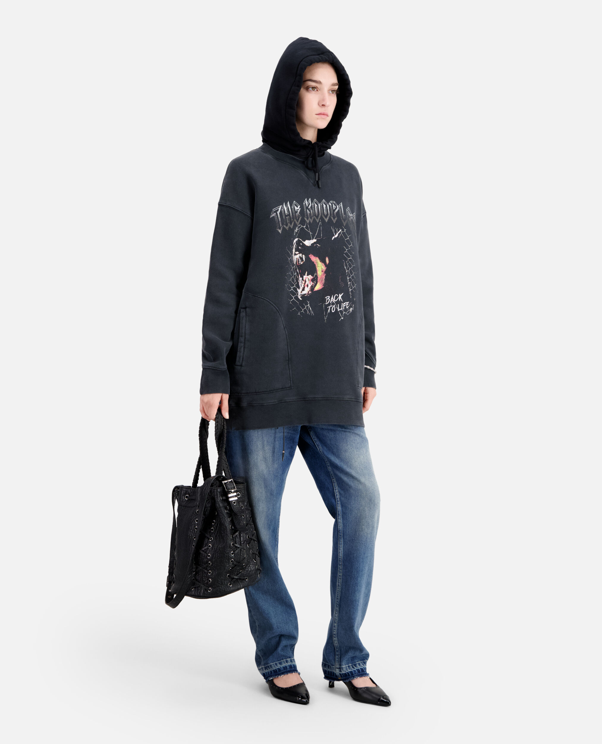 Women's Black sweatshirt dress with Barking dog serigraphy, BLACK WASHED, hi-res image number null