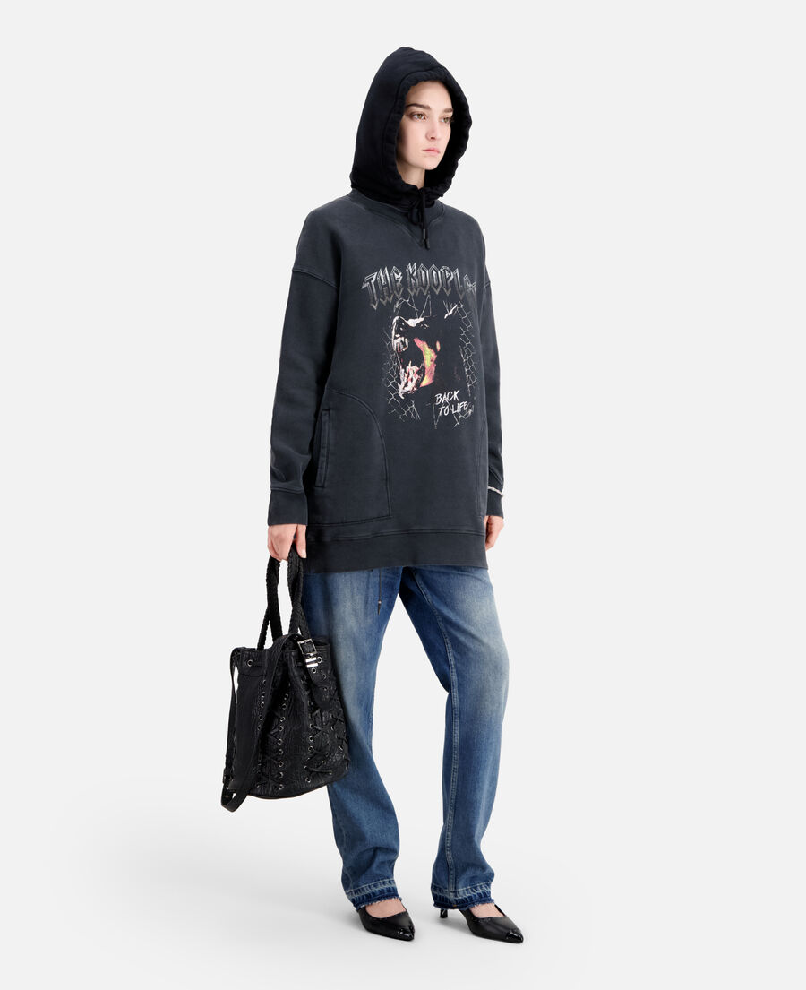 women's black sweatshirt dress with barking dog serigraphy