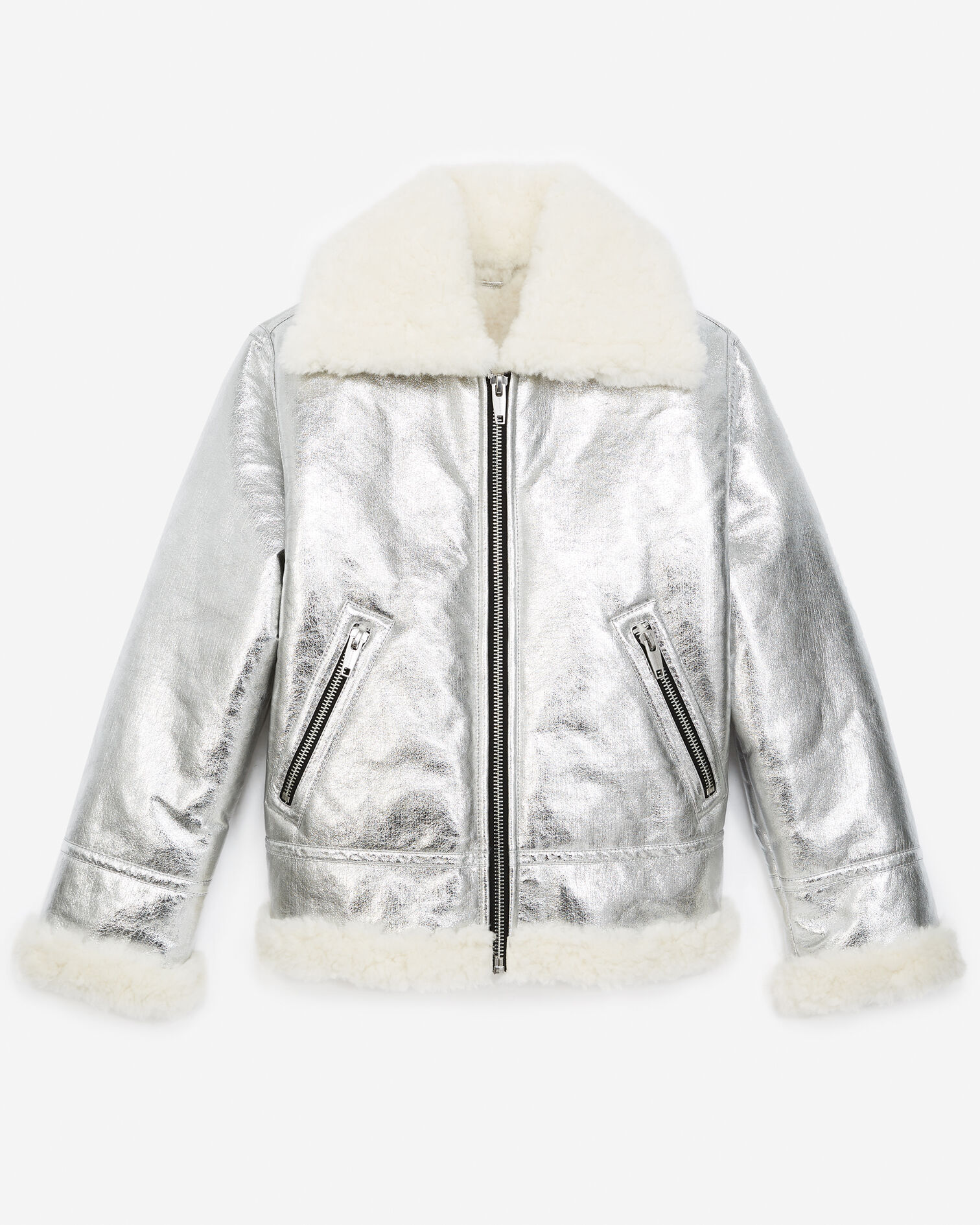 Silver faux fur bomber jacket, SILVER, hi-res image number null
