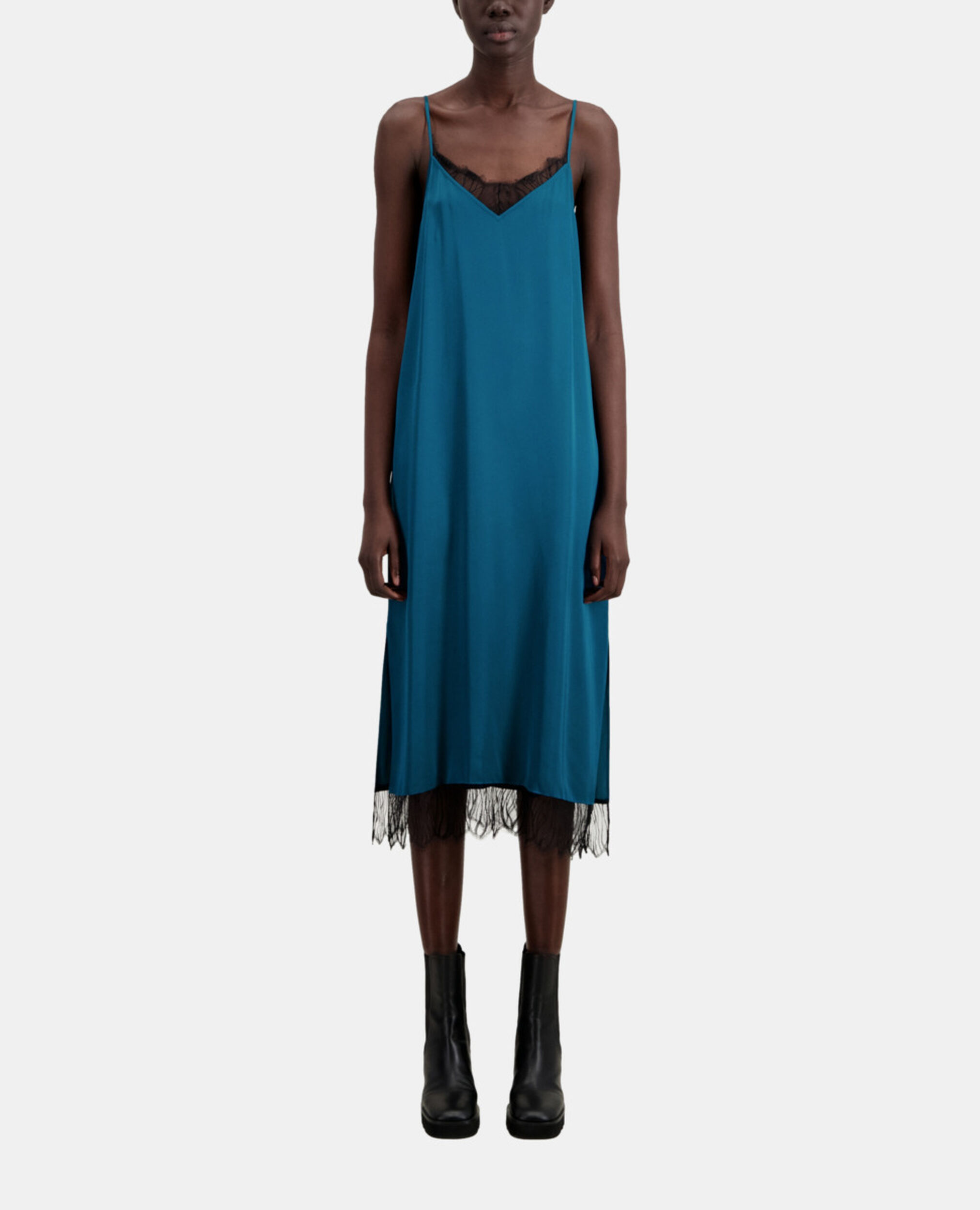 Vestido lencero largo azul detalles encaje, MEDIUM BLUE, hi-res image number null