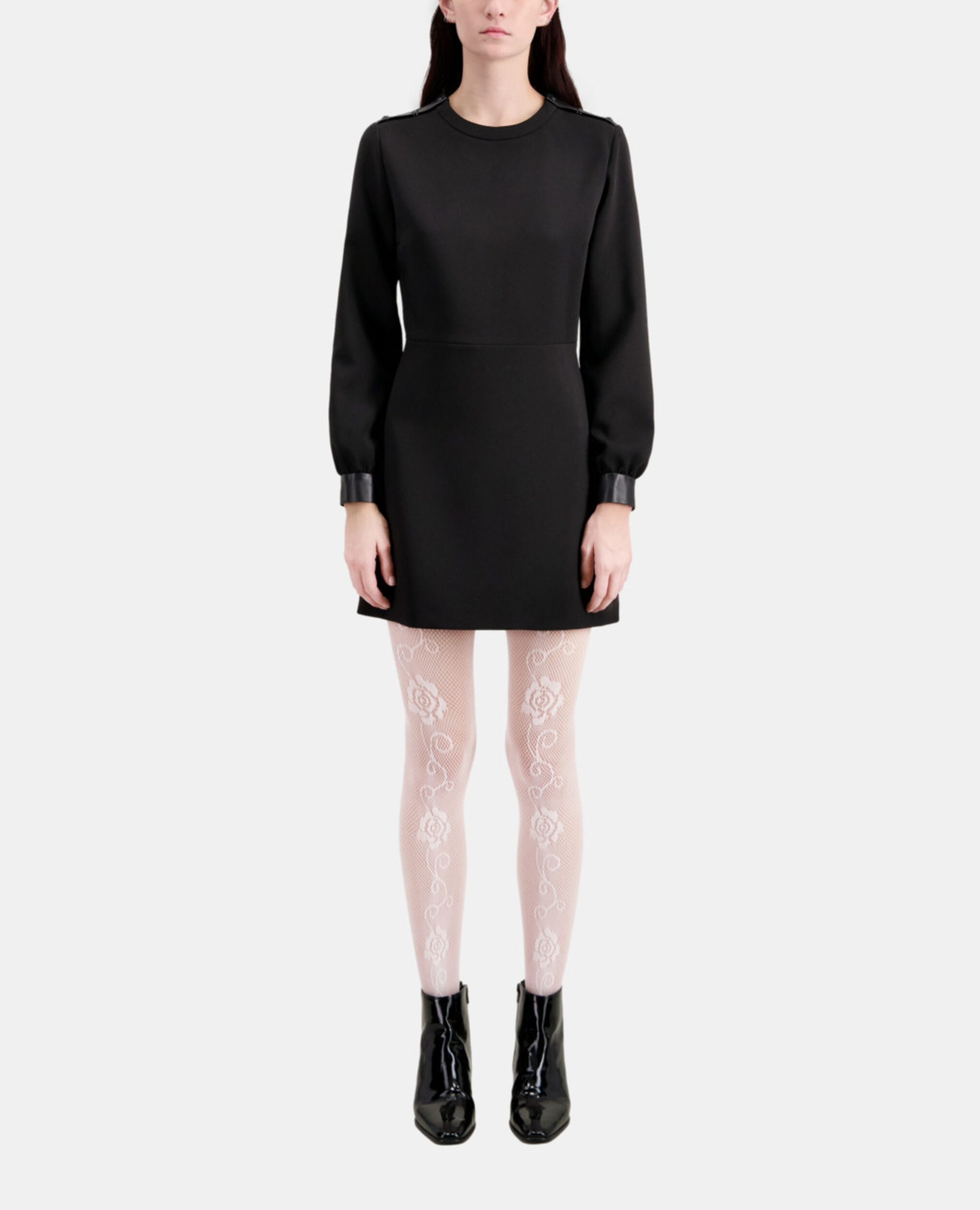 Robe courte en crêpe avec détails en cuir, BLACK, hi-res image number null