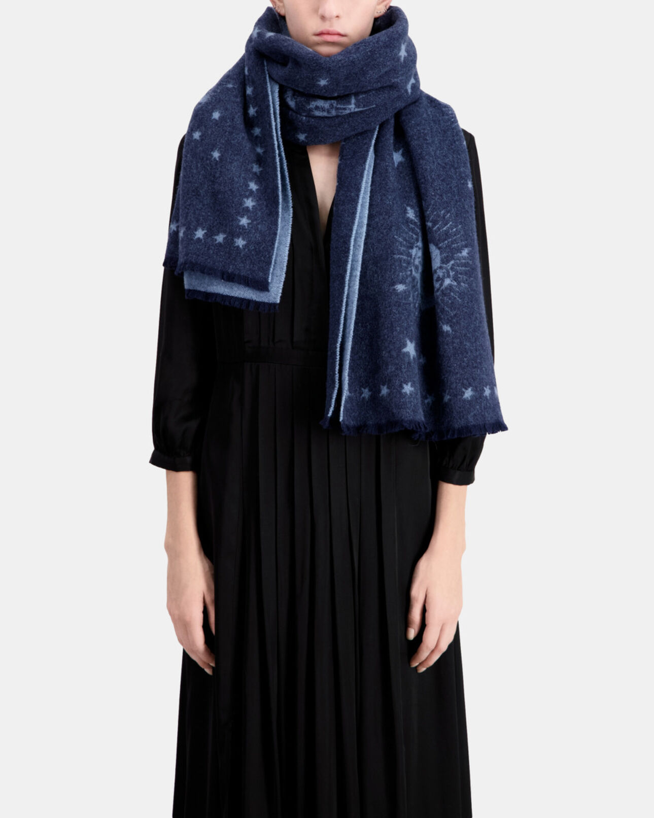 The Kooples DAMEN BLUE GREY blauer schal aus wolle mit motiv