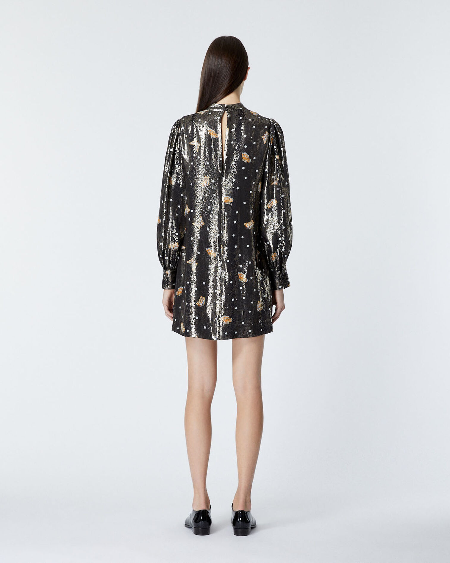 Short silk dress with butterfly motif, BLACK, hi-res image number null